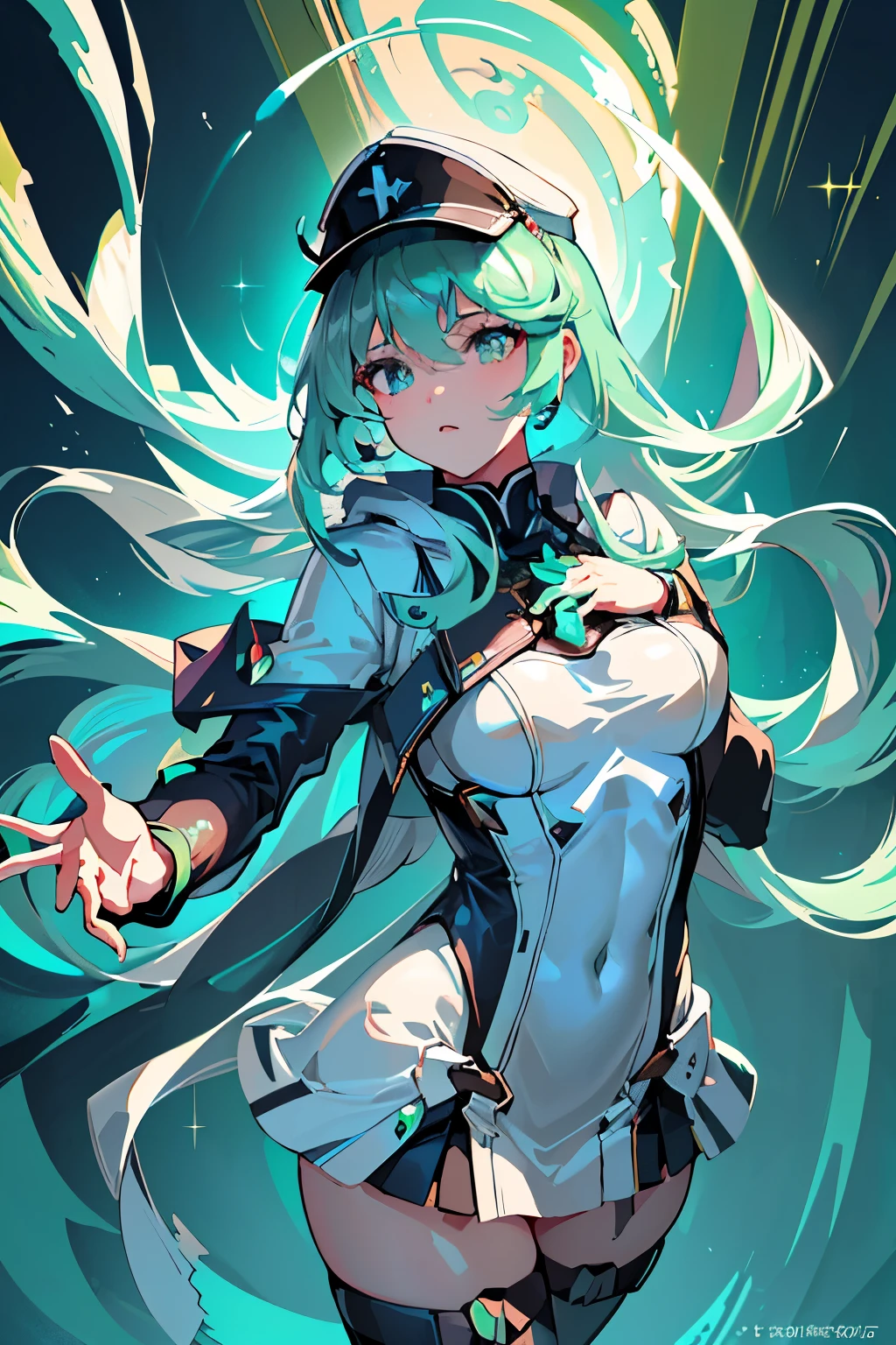 Anime, Girl, (((1girl))), (((Waifu, Xenoblade Chronicles 2, Pneuma Waifu))), (((Seafoam Green Hair, Long Hair))), ((Seafoam Green Eyes eyes:1.3, Upturned Eyes: 1, Perfect Eyes, Beautiful Detailed Eyes, Gradient eyes: 1, Finely Detailed Beautiful Eyes: 1, Symmetrical Eyes: 1, Big Highlight On Eyes: 1.2)), (((Lustrous Skin: 1.5, Bright Skin: 1.5, Skin Fair, Shiny Skin, Very Shiny Skin, Shiny Body, Plastic Glitter Skin, Exaggerated Shiny Skin, Illuminated Skin))), (Detailed Body, (Detailed Face)), Young, Idol Pose, (Best Quality), Techwear, (((Military Uniform))), (((Military Cap))), (((Military Coat))), (((Thigh-high Heeled Boots))), High Resolution, Sharp Focus, Ultra Detailed, Extremely Detailed, Extremely High Quality Artwork, (Realistic, Photorealistic: 1.37), 8k_Wallpaper, (Extremely Detailed CG 8k), (Very Fine 8K CG), ((Hyper Super Ultra Detailed Perfect Piece)), (((Flawlessmasterpiece))), Illustration, Vibrant Colors, (Intricate), High Contrast, Selective Lighting, Double Exposure, HDR (High Dynamic Range), Post-processing, Background Blur