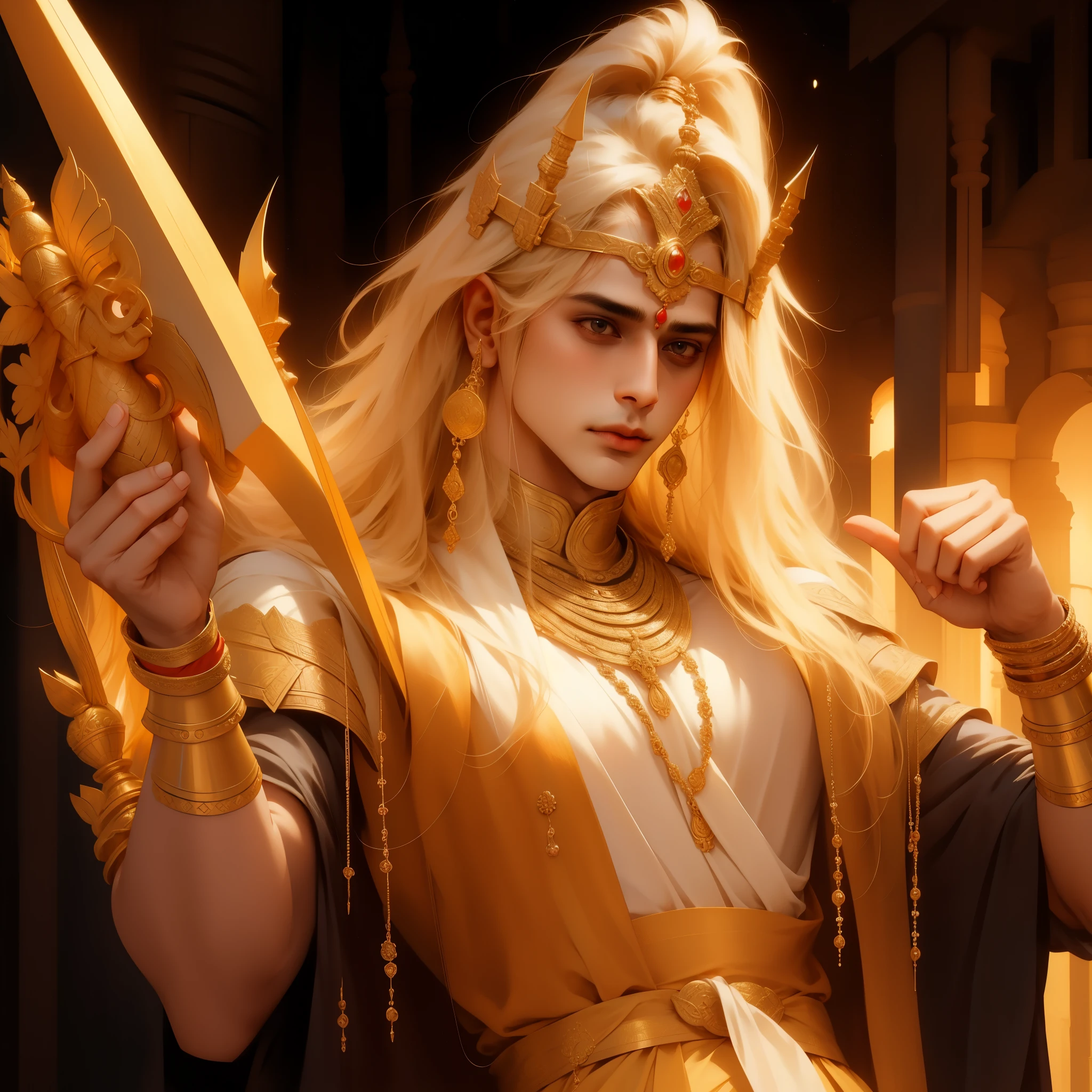 he great warrior Yudhishthira, golden hair, long hair
