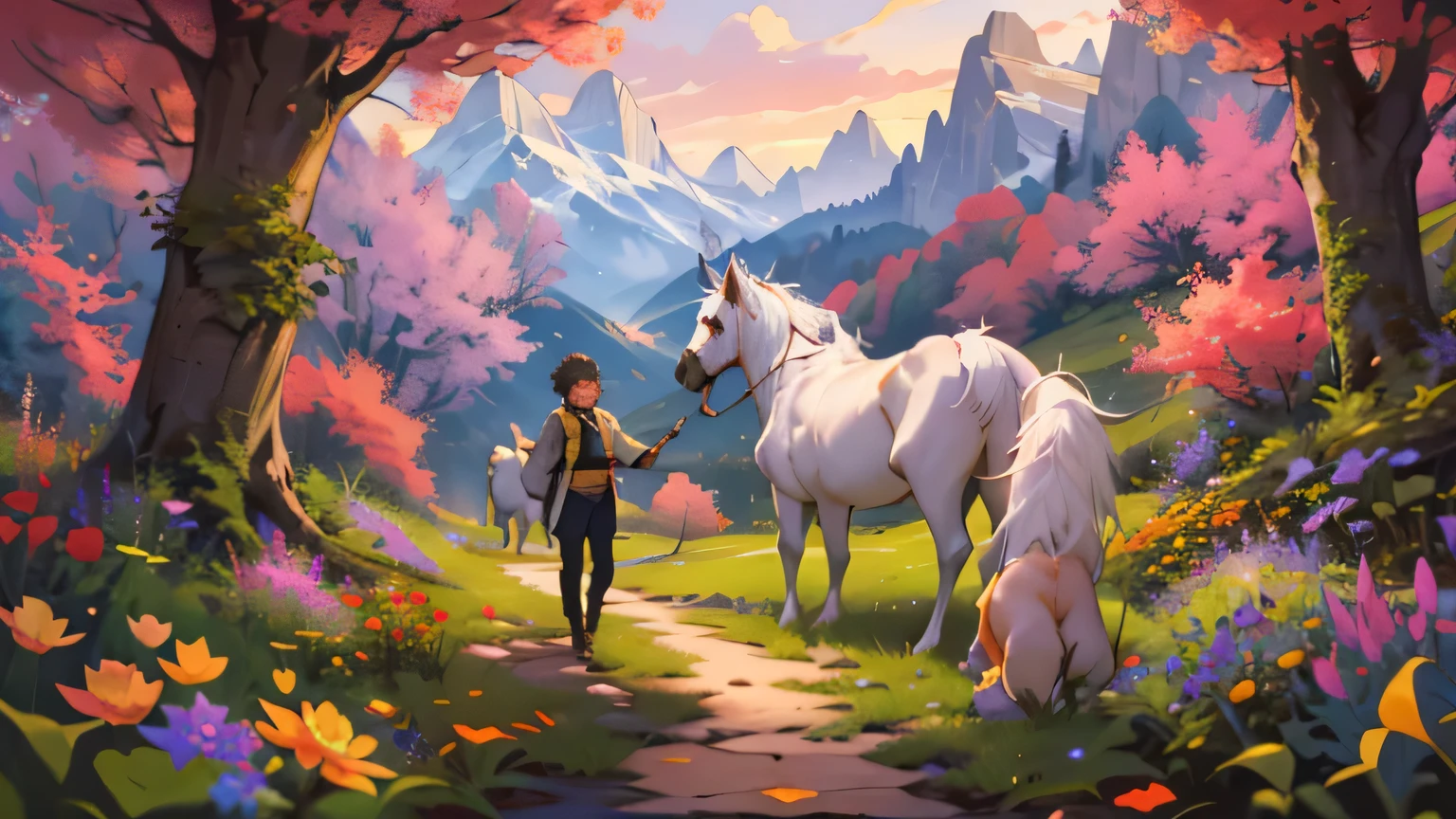 Prompt: In a breathtaking landscape, a slender and tall 14-year-old boy smiles radiantly as he cradles a lively squirrel in his arms while strolling alongside a loyal dog and a majestic white horse. The scene unfolds in a magical environment with a path leading to a mountain adorned with blooming flowers, creating a blossoming trail to heaven. The vast, lush valley around them is a symphony of colors, showcasing an extraordinary and mythical floral hillscape. SeaArt AI, capture the epic beauty of this dreamy landscape, emphasizing the boy's joyful expression as the focal point amidst the stunning surroundings. Marc Adamus would be proud to witness the creation of this awe-inspiring masterpiece. 
