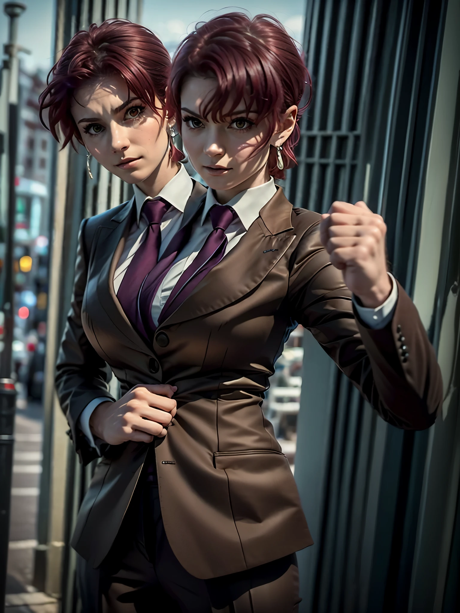 2heads, (masterpiece, best quality:1.2), bazett, fgo, 1girl, (solo:1.3), short hair, red hair, bangs, red eyes,  large breasts, black gloves, formal suit, necktie, jacket, half body, action pose, punching, earrings, city background, nighttime, beautiful background, 8k, 4k, realistic, beautiful, photograph