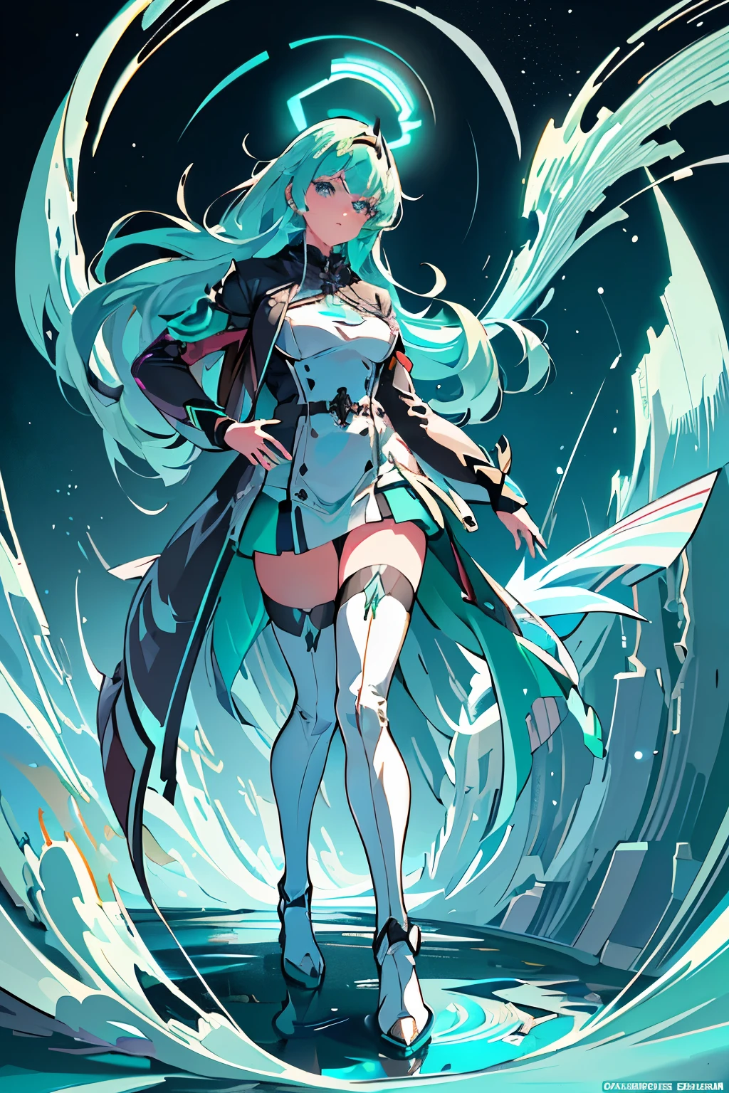 Anime, Girl, (((1girl))), (((Waifu, Xenoblade Chronicles 2, Pneuma Waifu))), (((Seafoam Green Hair, Long Hair))), ((Seafoam Green Eyes eyes:1.3, Upturned Eyes: 1, Perfect Eyes, Beautiful Detailed Eyes, Gradient eyes: 1, Finely Detailed Beautiful Eyes: 1, Symmetrical Eyes: 1, Big Highlight On Eyes: 1.2)), (((Lustrous Skin: 1.5, Bright Skin: 1.5, Skin Fair, Shiny Skin, Very Shiny Skin, Shiny Body, Plastic Glitter Skin, Exaggerated Shiny Skin, Illuminated Skin))), (Detailed Body, (Detailed Face)), Young, Idol Pose, (Best Quality), Techwear, (((Military Uniform))), (((Military Cap))), (((Military Coat))), (((Thigh-high Heeled Boots))), High Resolution, Sharp Focus, Ultra Detailed, Extremely Detailed, Extremely High Quality Artwork, (Realistic, Photorealistic: 1.37), 8k_Wallpaper, (Extremely Detailed CG 8k), (Very Fine 8K CG), ((Hyper Super Ultra Detailed Perfect Piece)), (((Flawlessmasterpiece))), Illustration, Vibrant Colors, (Intricate), High Contrast, Selective Lighting, Double Exposure, HDR (High Dynamic Range), Post-processing, Background Blur