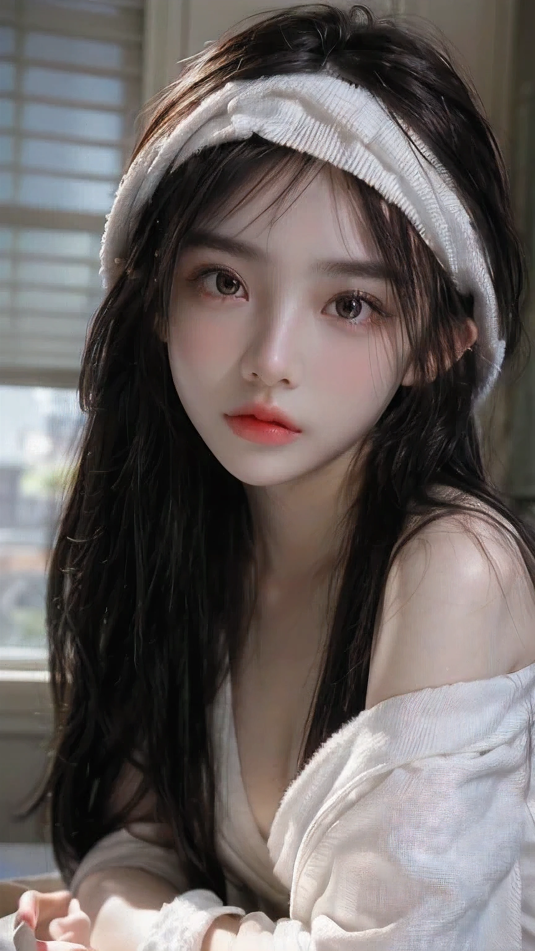 1 girl, (looking at the audience:1.2), Detailed face, A girl in bed, crawl_Throw, (towel:1.2), (girl with wet hair, bundled up in a towel, Rendering on CGSociety, Black tones, Streaming, small breasts), , Atmospheric, (original photo, best quality), (actual, photo-actual:1.3), masterpiece, extremely delicate and beautiful, Very detailed, 8k