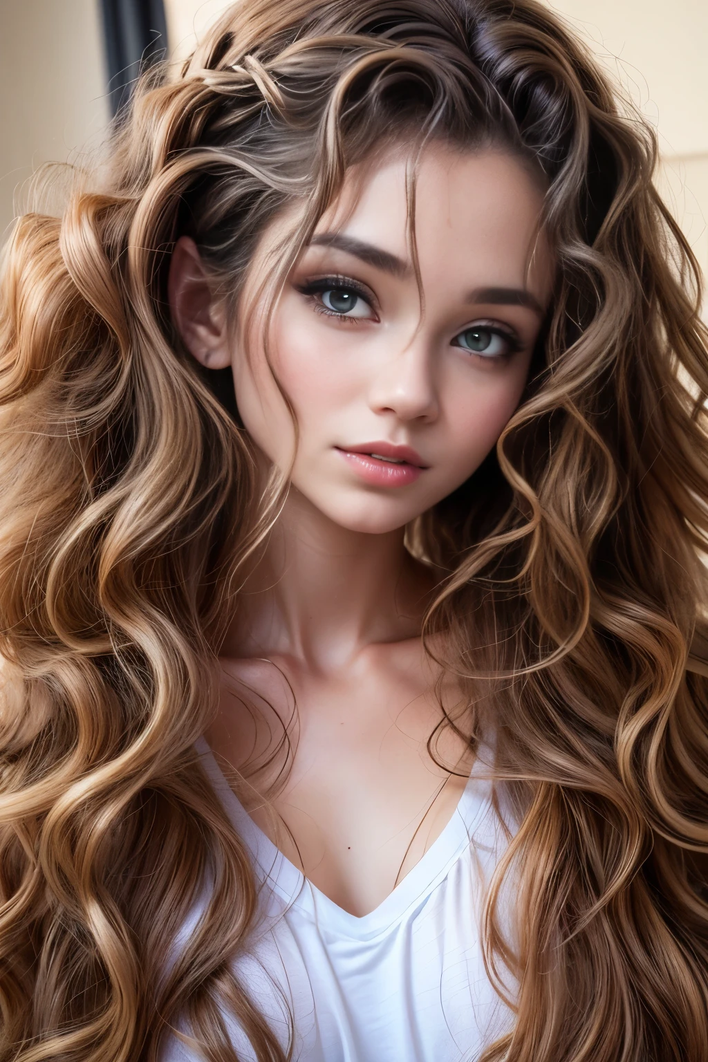 there a woman with long curly hair wearing a white shirt, messy curly hair, long messy curly hair, with long curly hair, curly haired, curly, video screenshot, curly hair, shot on webcam, with haunted eyes and curly hair, with long curly, curls, white curly hair, curls on top, anna nikonova aka newmilky