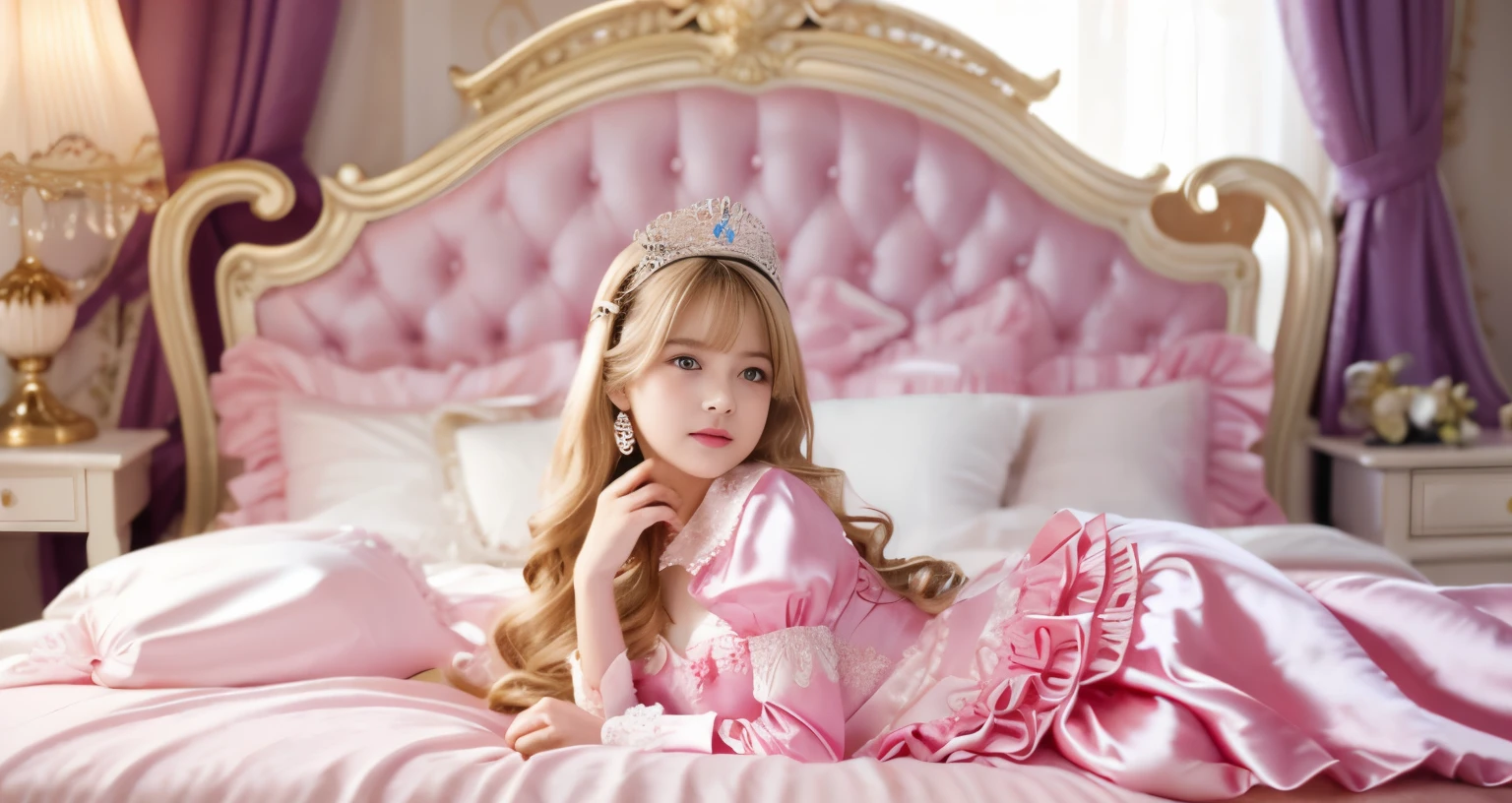 ,highest quality, masterpiece, highest resolution, artwork, super それにget used to it, many get used to it, get used to it, それにget used to it, 3K realistic photos,,(( When I was )),Super detailed baby face,She is a princess,Full length ball gown dress with hoop skirt,ruffled yoke collar,puff sleeves,long sleeve,((Lolita style pink detailed princess satin dress、Comes with lots of frills and ribbons。)),colorful rococo fashion,shiny satin dress,Soft and smooth fabric,luxury,long blonde hair,blue eyes,white skin european,pajamas,((inside the palace)),,,(( When I was 10 years old)),Sd baby face,Full length ball gown dress with hoop skirt,long skirt,ruffled yoke collar,puff sleeves,腰まで伸びるlong blonde hair,blue eyes,white skin european,pajamas,((inside the palace bedroom)),ピンクのシルクサテンのluxuryなcanopy bedの上,canopy bed,Luxurious curtains on both sides of the bed,many frilly pillows on the bed,super detailed background,Detailed bed,romantic atmosphere,little princess is lying on the bed,hug a pink pillow,((((Both legs are hidden in the dress)))),the dress is spread out on the bed,soft pink silk satin comforter,soft silk satin ruffled pillow,Beautiful girl illustration,detailed beautiful face detailed hair,detailed human eye ,detailed mouth, arm details,detailed hands,Detailed pillow,