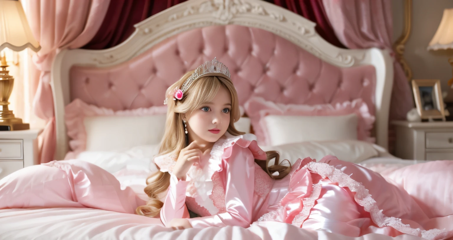,highest quality, masterpiece, highest resolution, artwork, super それにget used to it, many get used to it, get used to it, それにget used to it, 3K realistic photos,,(( When I was )),Super detailed baby face,She is a princess,Full length ball gown dress with hoop skirt,ruffled yoke collar,puff sleeves,long sleeve,((Lolita style pink detailed princess satin dress、Comes with lots of frills and ribbons。)),colorful rococo fashion,shiny satin dress,Soft and smooth fabric,luxury,long blonde hair,blue eyes,white skin european,pajamas,((inside the palace)),,,(( When I was 10 years old)),Sd baby face,Full length ball gown dress with hoop skirt,long skirt,ruffled yoke collar,puff sleeves,腰まで伸びるlong blonde hair,blue eyes,white skin european,pajamas,((inside the palace bedroom)),ピンクのシルクサテンのluxuryなcanopy bedの上,canopy bed,Luxurious curtains on both sides of the bed,many frilly pillows on the bed,super detailed background,Detailed bed,romantic atmosphere,little princess is lying on the bed,hug a pink pillow,((((Both legs are hidden in the dress)))),the dress is spread out on the bed,soft pink silk satin comforter,soft silk satin ruffled pillow,Beautiful girl illustration,detailed beautiful face detailed hair,detailed human eye ,detailed mouth, arm details,detailed hands,Detailed pillow,