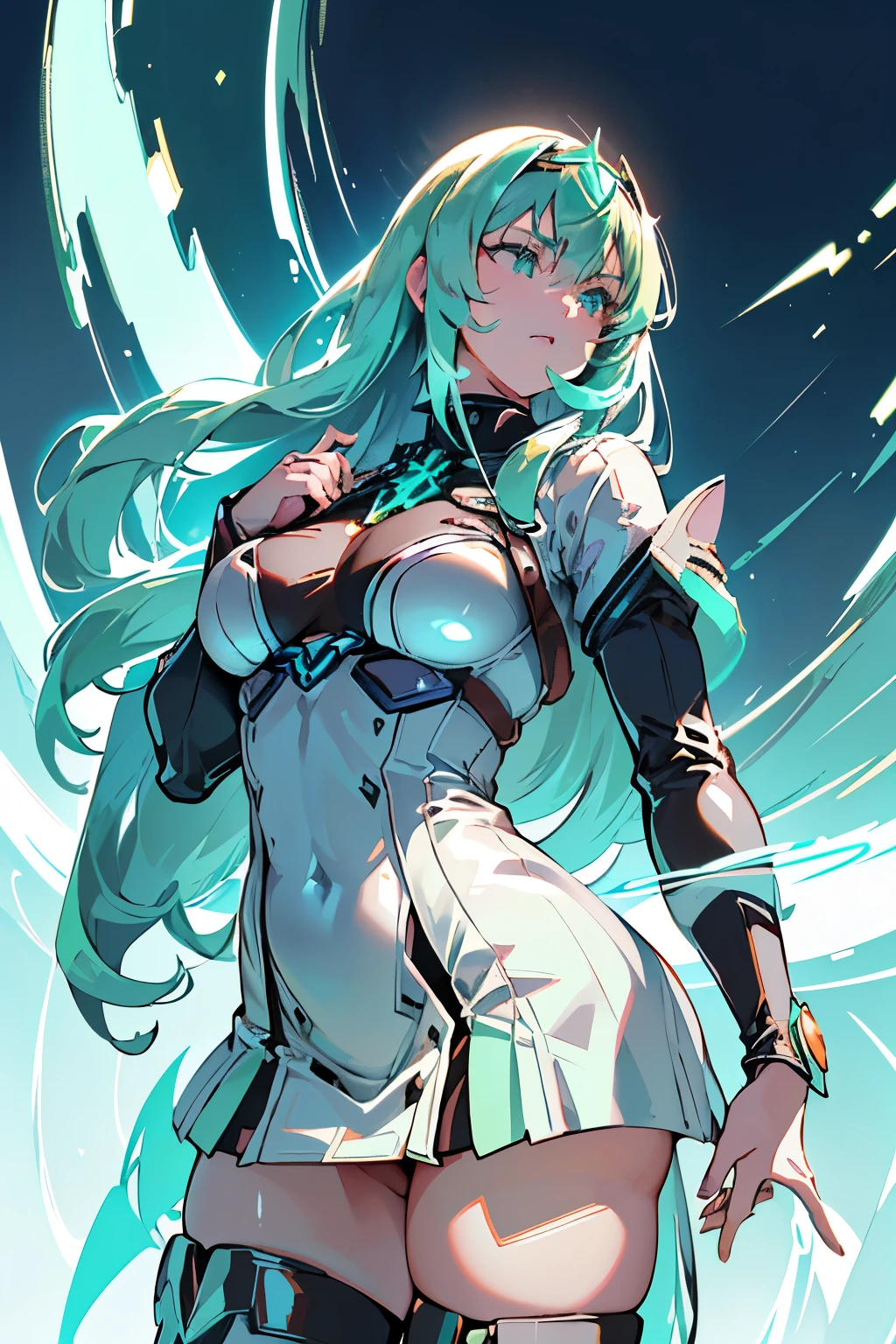 Anime, Girl, (((1girl))), (((Waifu, Xenoblade Chronicles 2, Pneuma Waifu))), (((Seafoam Green Hair, Long Hair))), ((Seafoam Green Eyes eyes:1.3, Upturned Eyes: 1, Perfect Eyes, Beautiful Detailed Eyes, Gradient eyes: 1, Finely Detailed Beautiful Eyes: 1, Symmetrical Eyes: 1, Big Highlight On Eyes: 1.2)), (((Lustrous Skin: 1.5, Bright Skin: 1.5, Skin Fair, Shiny Skin, Very Shiny Skin, Shiny Body, Plastic Glitter Skin, Exaggerated Shiny Skin, Illuminated Skin))), (Detailed Body, (Detailed Face)), Young, Idol Pose, (Best Quality), Techwear, (((Military Uniform))), (((Military Cap))), (((Military Coat))), (((Thigh-high Heeled Boots))), High Resolution, Sharp Focus, Ultra Detailed, Extremely Detailed, Extremely High Quality Artwork, (Realistic, Photorealistic: 1.37), 8k_Wallpaper, (Extremely Detailed CG 8k), (Very Fine 8K CG), ((Hyper Super Ultra Detailed Perfect Piece)), (((Flawlessmasterpiece))), Illustration, Vibrant Colors, (Intricate), High Contrast, Selective Lighting, Double Exposure, HDR (High Dynamic Range), Post-processing, Background Blur
