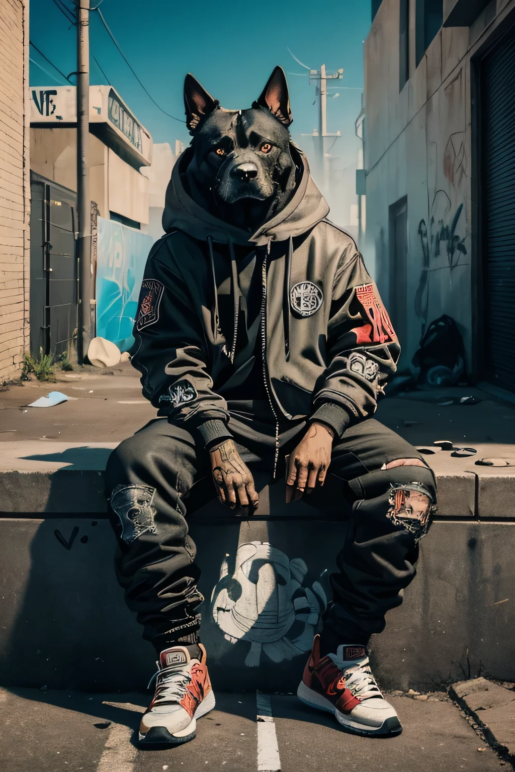 A gritty and urban depiction of a gangster dog sitting on the moon, with a graffiti-style rendering that captures the raw energy and rebellious spirit of street art, while also incorporating elements of space and the unknown.