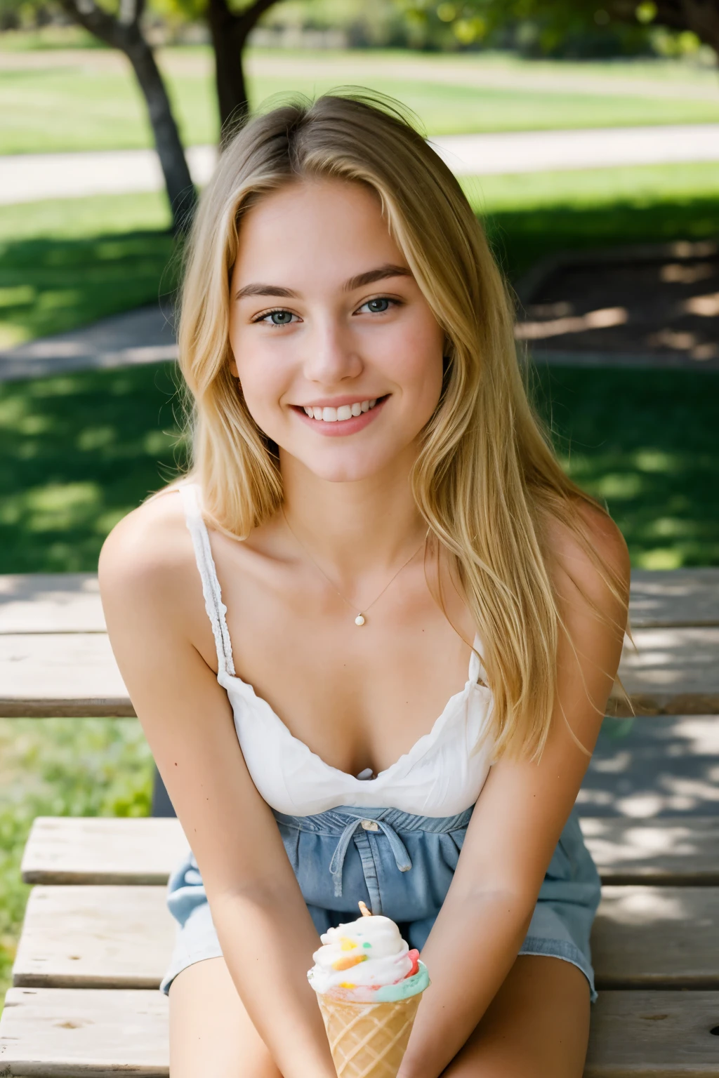 ((best quality)), ((masterpiece)), (detailed), perfect face, young blonde, 20 years of age, sitting on a picnic bench holding ice cream in california