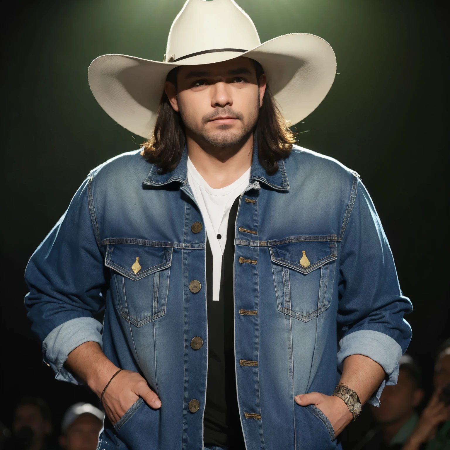 Grande angular. On stage a Brazilian forró singer, em um show de vaquejada, usando uma bandana branca cobrindo a boca como os bandidos do velho oeste. O homem usa bota de alpinista, jeans, blusa regata branca um pouco folgada, linda jaqueta jeans masculina mangas compridas na cor verde militar um pouco folgada. White cowboy hat. Postura confiante. medium wavy hair. stage lighting. Ultra realismo. Ultra HD