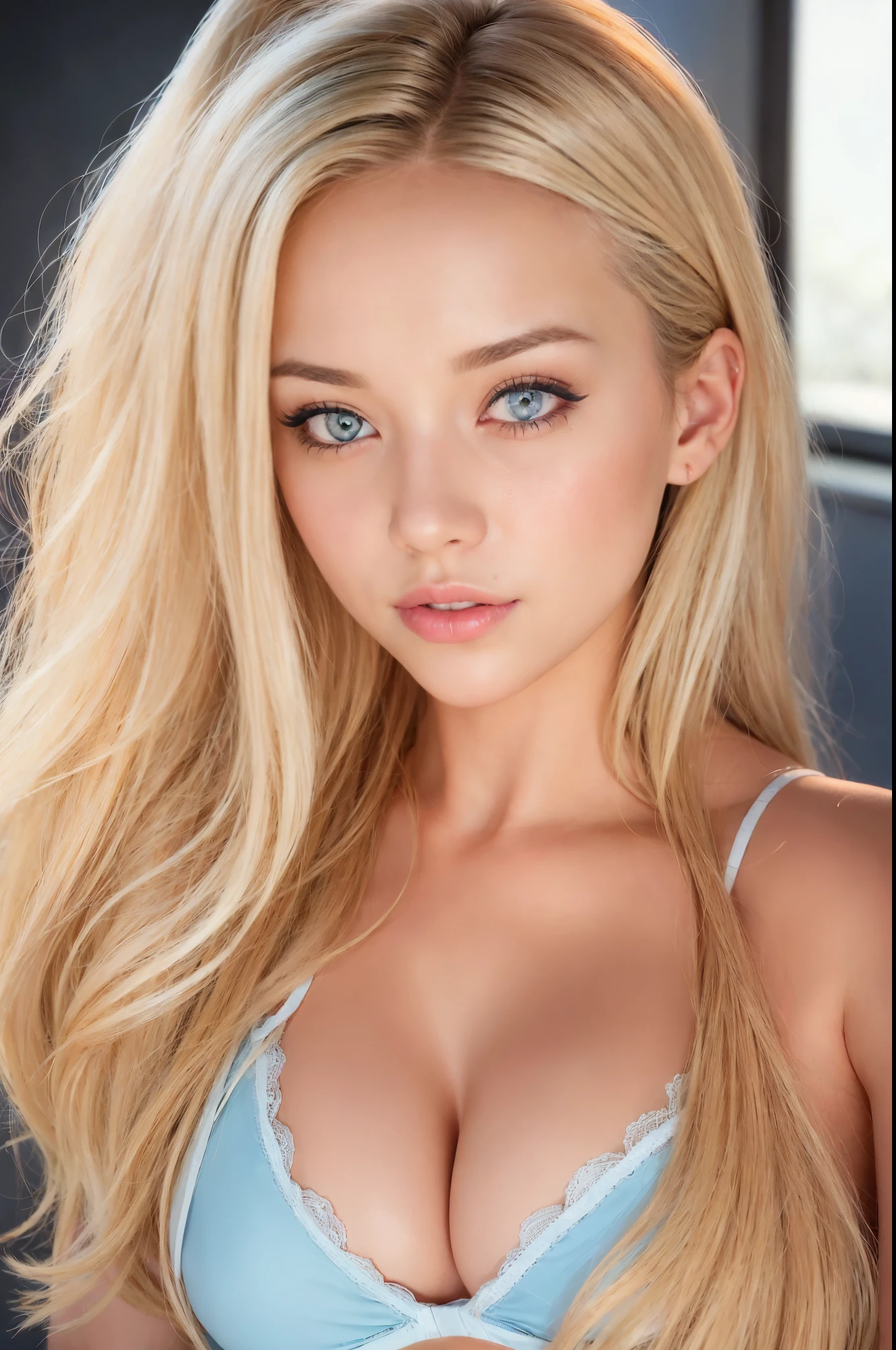 blonde woman with blue eyes and a white bra top posing for a picture, beautiful blonde girl, beautiful blonde woman, blonde hair blue eyes, a gorgeous blonde, blonde hair and blue eyes, blonde hair and large eyes, blonde goddess, blond hair blue eyes, blonde beautiful young woman, sydney sweeney, stunning closeupheadshot, blue eyes and blond hair, blonde woman