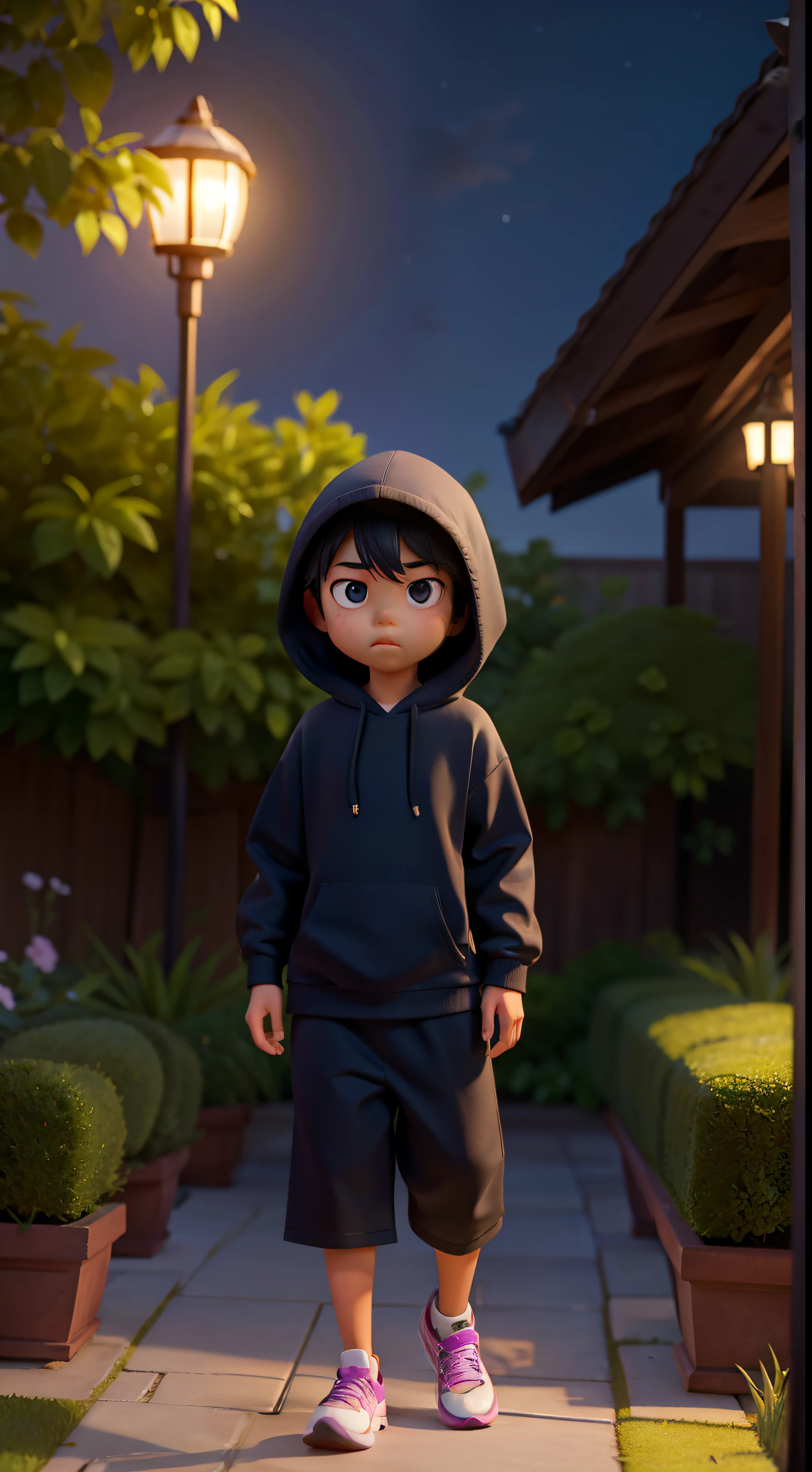 Stable Broadcast Alert:
A Thai boy with black fringed eyes, looking melancholy, irradia amor pela cor roxa, no meio da noite, possuindo lindas orelhas detalhadas, wearing a cropped hoodie and Nike sneakers, ambos em preto, cercado pela atmosfera serena de um jardim iluminado pela lua. The garden is full of gentle breezes, casting soft shadows and creating a tranquil environment that enhances the charm of beauty. A arte tem a melhor qualidade, with 4k or 8k resolution and high level of detail to capture the essence of realism. The lighting in the scene is soft and delicate, enhancing beauty and overall allure.
