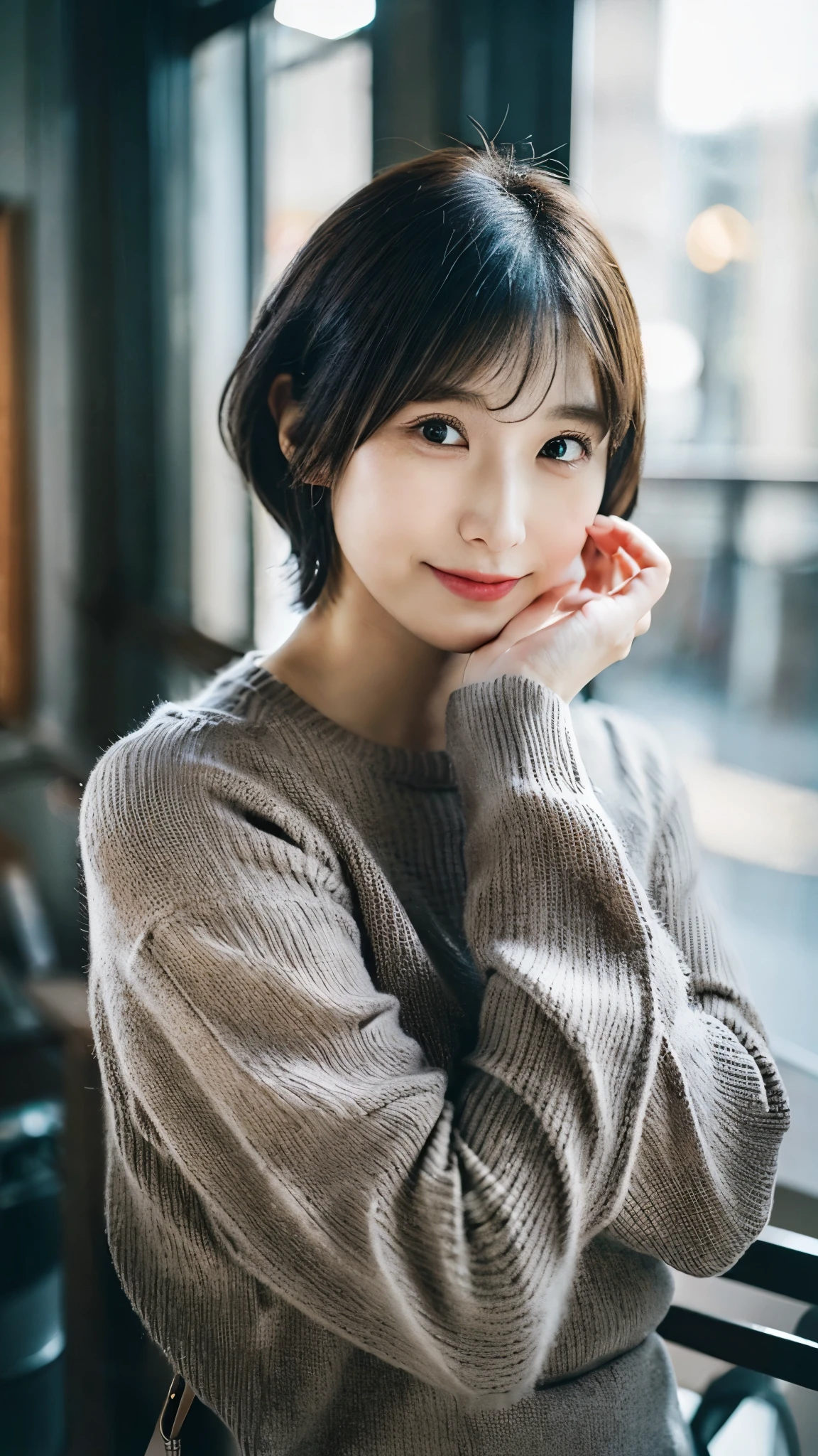 (Highly detailed CG Unity 8K wallpaper,table top, highest quality, super detailed, look at the camera:1.2, light shines on your face:1.5, gray background, professional lighting), 40 year old female living in Japan、short hair, black haired, Plump facial contours:1.5, (thin eyebrows:1.25), Big shining eyes, small nose, Soft mouth, physically thin, (Shirt under sweater), Sincere impression, noble mix fix v3.0