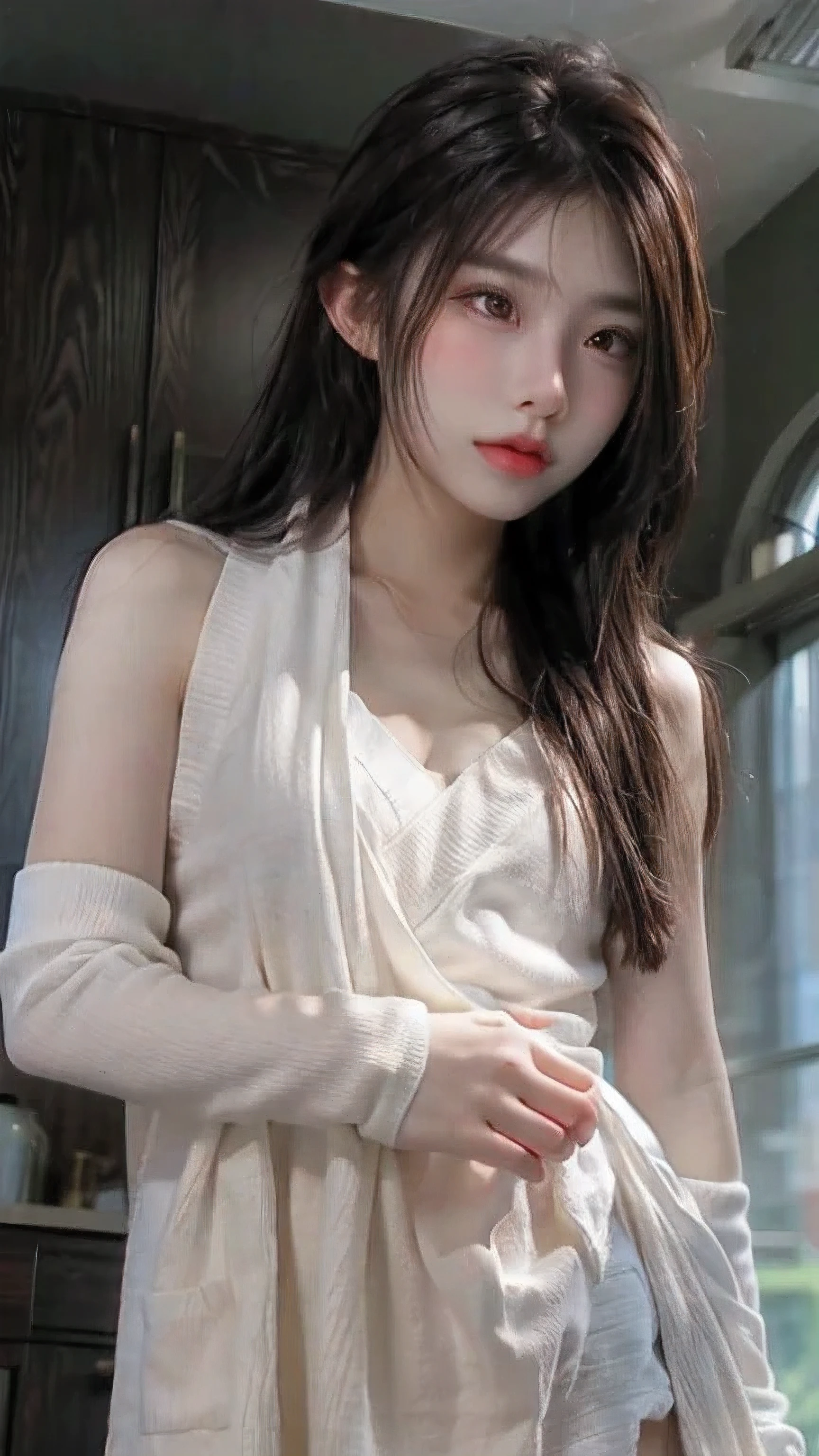 （realisticlying：1.5）， offcial art， Unity 8k壁纸， ultra - detailed，Delicate detail skin，（Movie Angle），filmgrain，cinmatic lighting， tmasterpiece，best qualityer，A picture，
（Dark interior），Dark environment，table light，
1girll，(looking at viewert)，(glomy)，Blushlush，(elvish ears)，hands behind body，((messy  hair))，(redheadwear)，bare shoulders​，(Slightly fat)，flatchest，Shoulder，(Lace women's pajamas)，Saggy clothes，duck sitting，Beth，Moist，Sweat，sentimental，