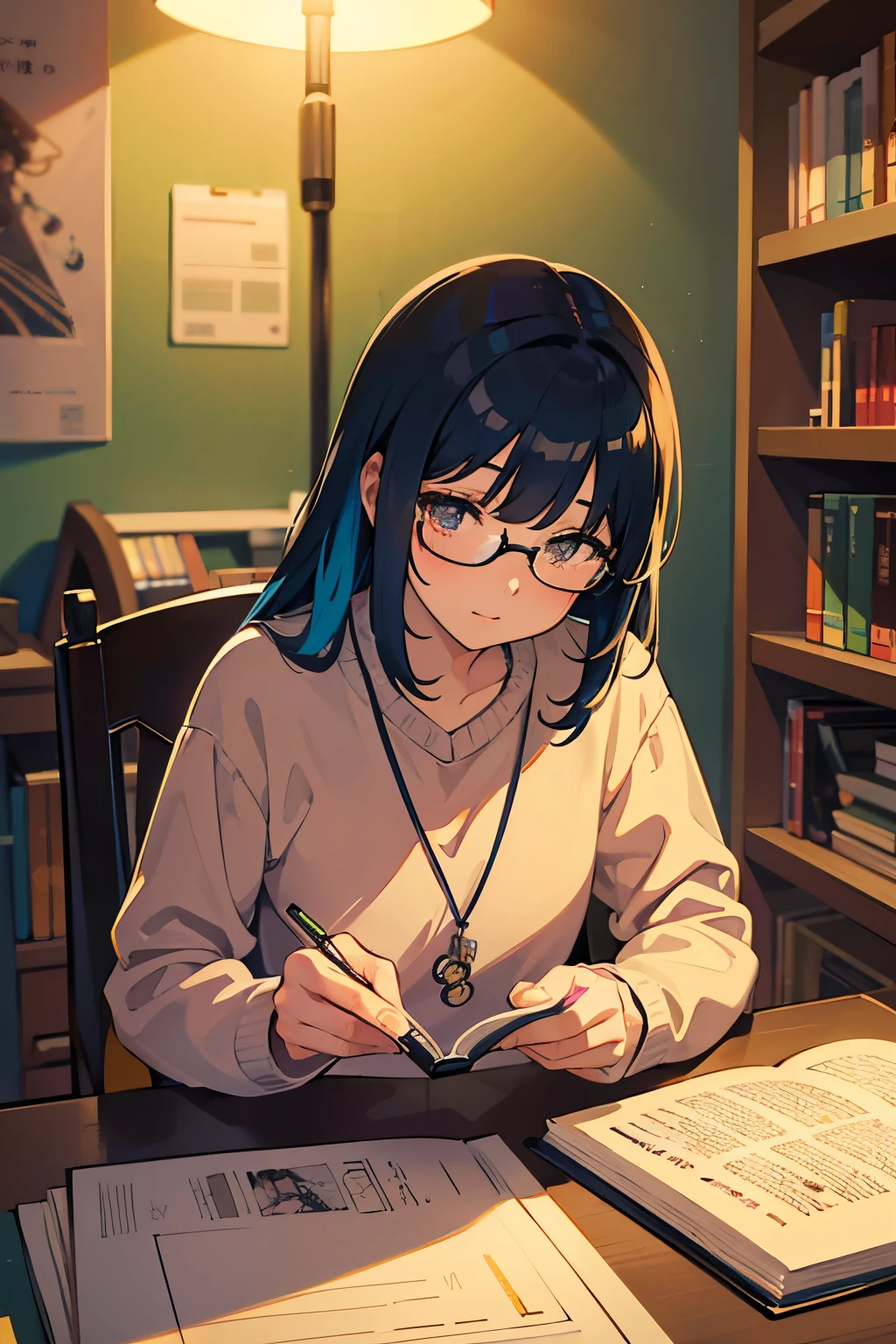 Masterpiece, best quality, 1 girl with nerdy charm, intently studying, seated at a desk, bedroom interior background. Anime style, lofi scene, vibrant colors, sharp details, illustration. The girl, with her glasses perched on her nose and a book in hand, concentrates on her studies. The bedroom, adorned with posters of her favorite anime characters and science fiction paraphernalia, adds to the nerdy atmosphere. The warm, yellow glow of the desk lamp illuminates her focused face and casts intriguing shadows on the walls. The illustration is a vivid, intricately-detailed representation of this cozy, studying scene.