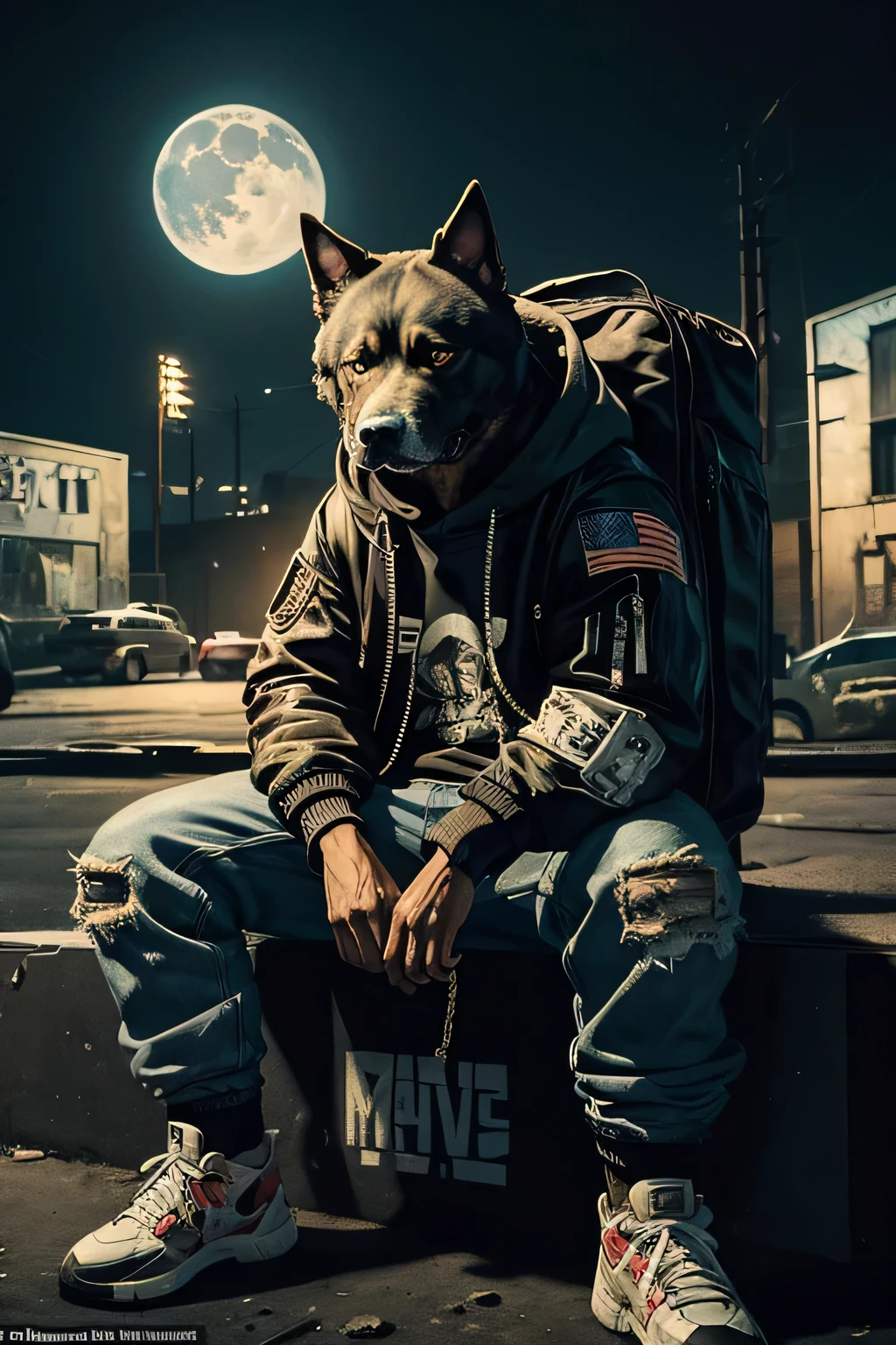 A gritty and urban depiction of a gangster dog sitting on the moon, with a graffiti-style rendering that captures the raw energy and rebellious spirit, while also incorporating elements of space and the unknown.