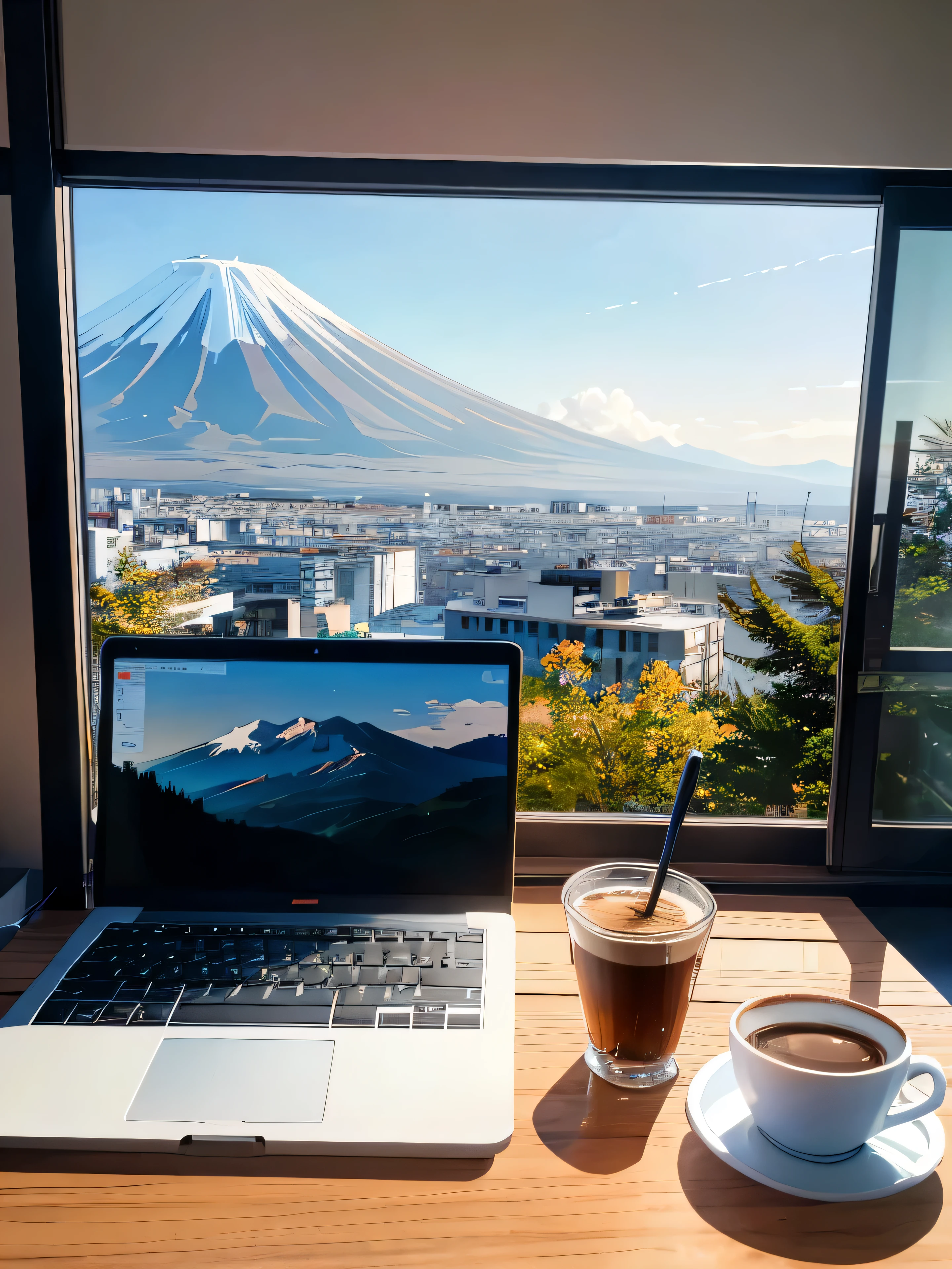 Vista da janela para o monte Fuji, dia ensolarado, Cup of coffee, caderno, computer , focus on the Cup of coffee and computer , fundo levemente desfocado