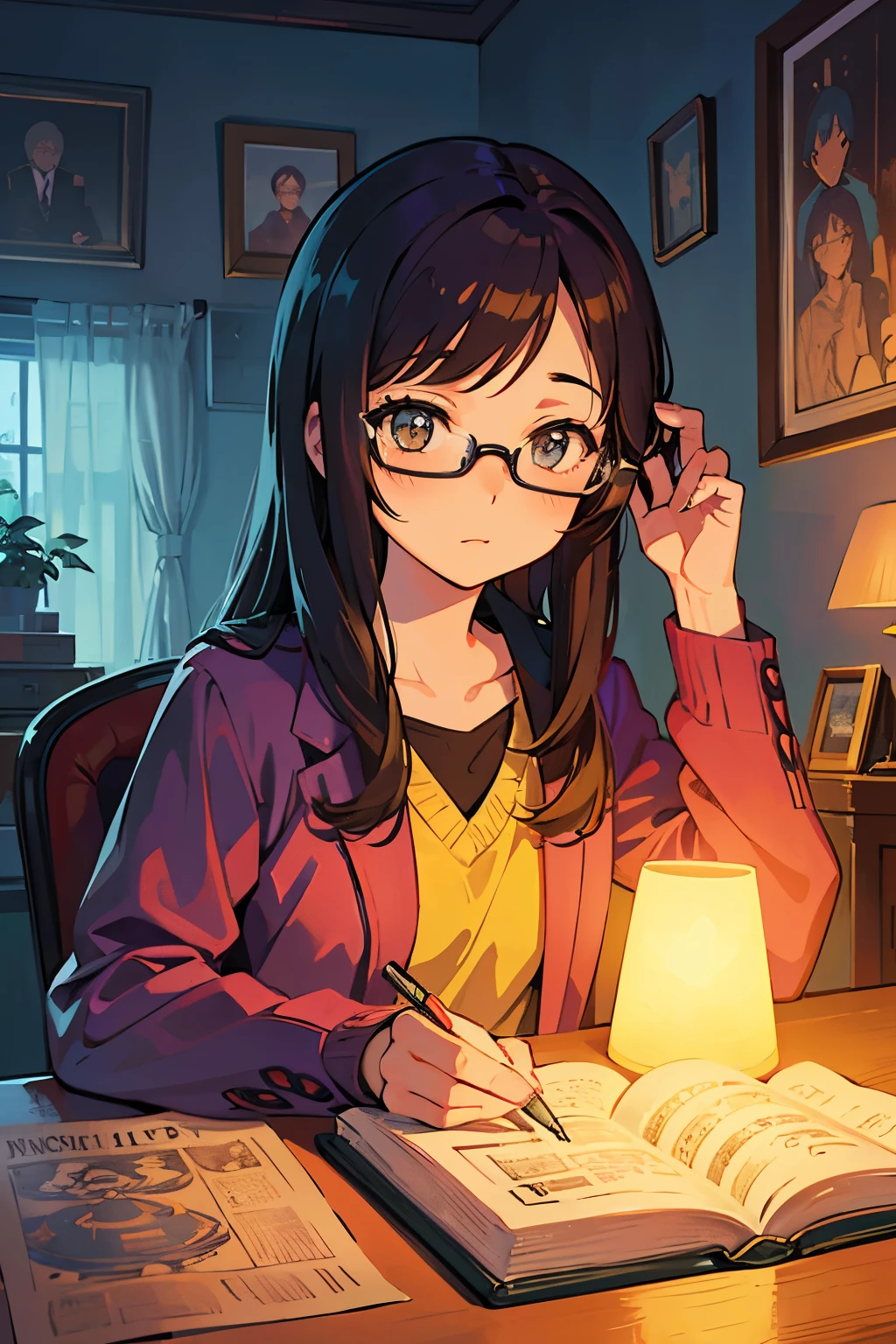 Masterpiece, best quality, 1 girl with nerdy charm, intently studying, seated at a desk, bedroom interior background. Anime style, lofi scene, vibrant colors, sharp details, illustration. The girl, with her glasses perched on her nose and a book in hand, concentrates on her studies. The bedroom, adorned with posters of her favorite anime characters and science fiction paraphernalia, adds to the nerdy atmosphere. The warm, yellow glow of the desk lamp illuminates her focused face and casts intriguing shadows on the walls. The illustration is a vivid, intricately-detailed representation of this cozy, studying scene.
