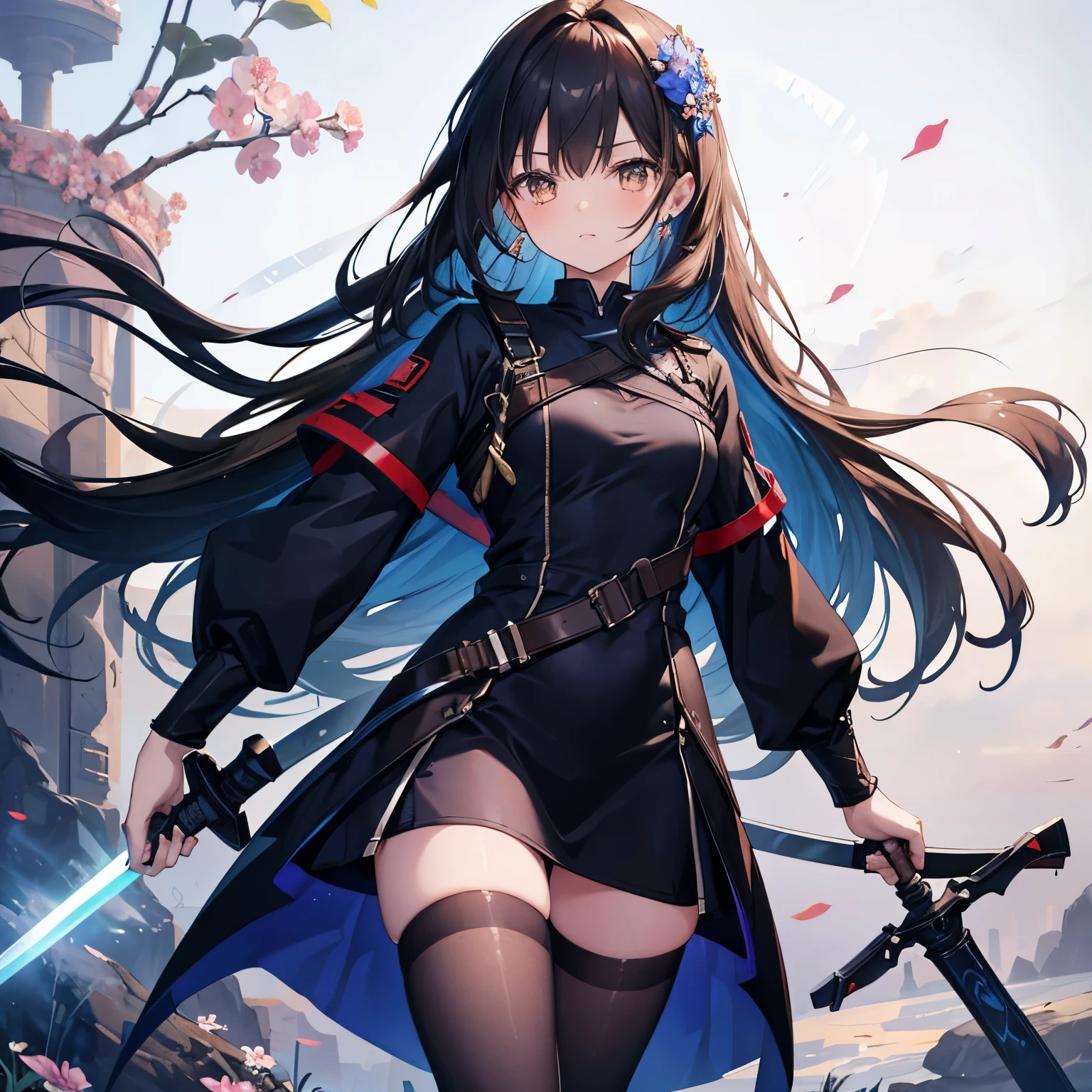 1girl, 18 years old, black long sleeve bodycon dress, long brown hair, blue streaks in hair, brown eyes, holding sword, Viney Floral Tights.