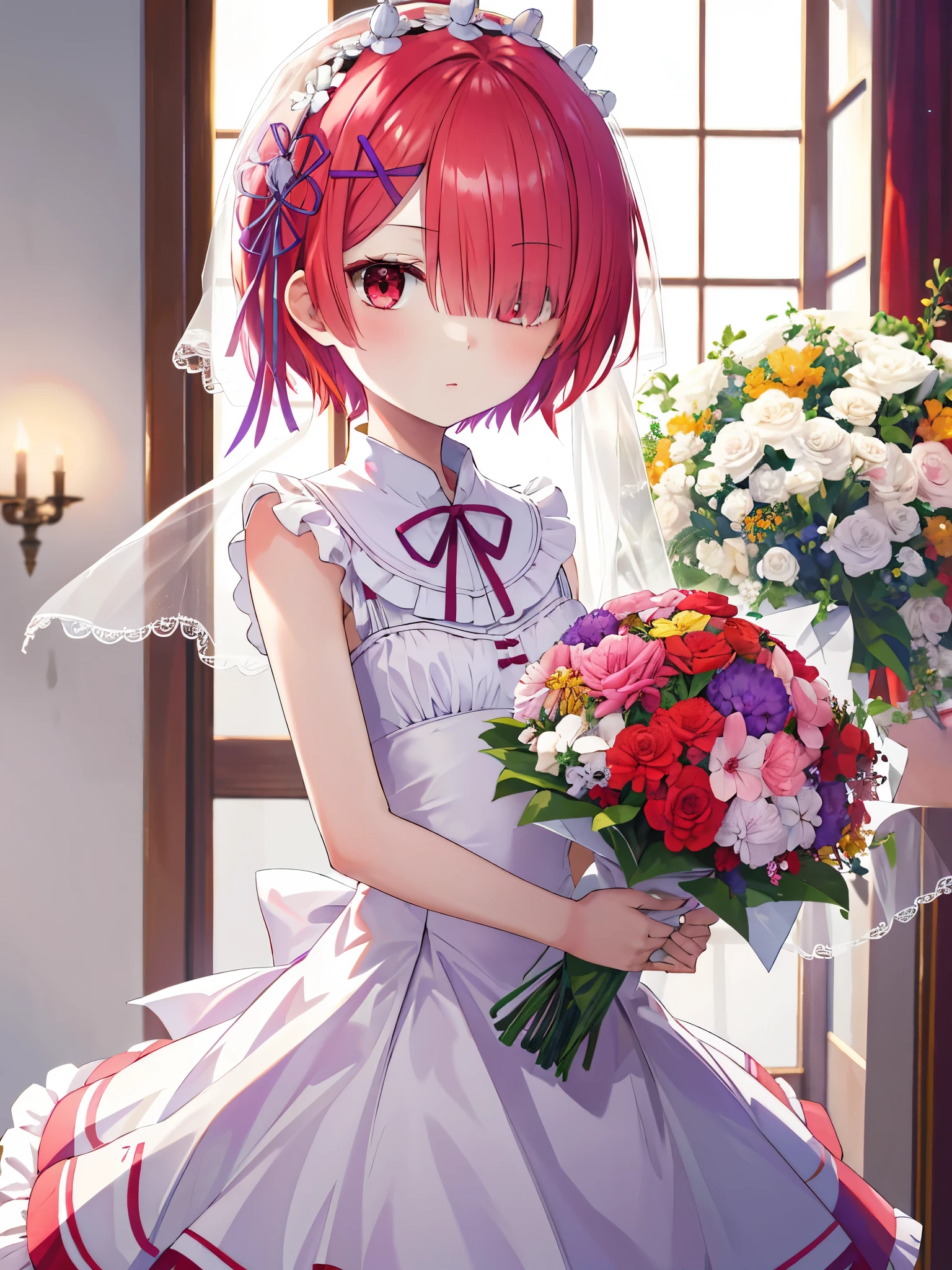 masterpiece, highest quality, highAgains, rum1, 1 girl, alone, rum \(Again:zero\), red hair, short hair, Againd eyes, hair above one eye, hair ribbon, ×hair ornament, small bAgainasts, purple ribbon, hair flower, wedding dAgainss, bridal veil, bouquet, Chacha,