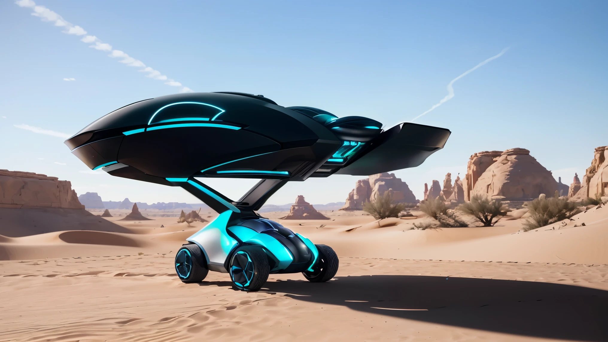 A futuristic, sleek cart (((no wheels))), (((((computer mouse shape)))) meticulously designed with clean lines and glossy surfaces, The vehicle is suspended 1 metre above the ground of Nevada desert. The wide-angle lens captures the entire scene, accentuating the modern aesthetic of this innovative transportation concept against the familiar backdrop of a popular desert. cinematic, epic realism,8K, highly detailed