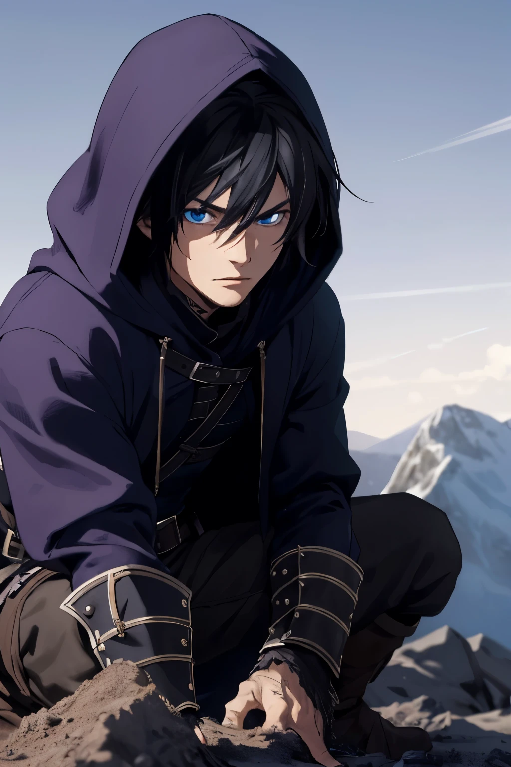 (extremely detailed 8k wallpaper), a medium shot of a fearful young rogue, male, male focus, black hair, blue eyes, black clothing, hooded, medieval, intricate, high detail, with a shadow blade in his hand with purple fire, crouching on a dirt mountain