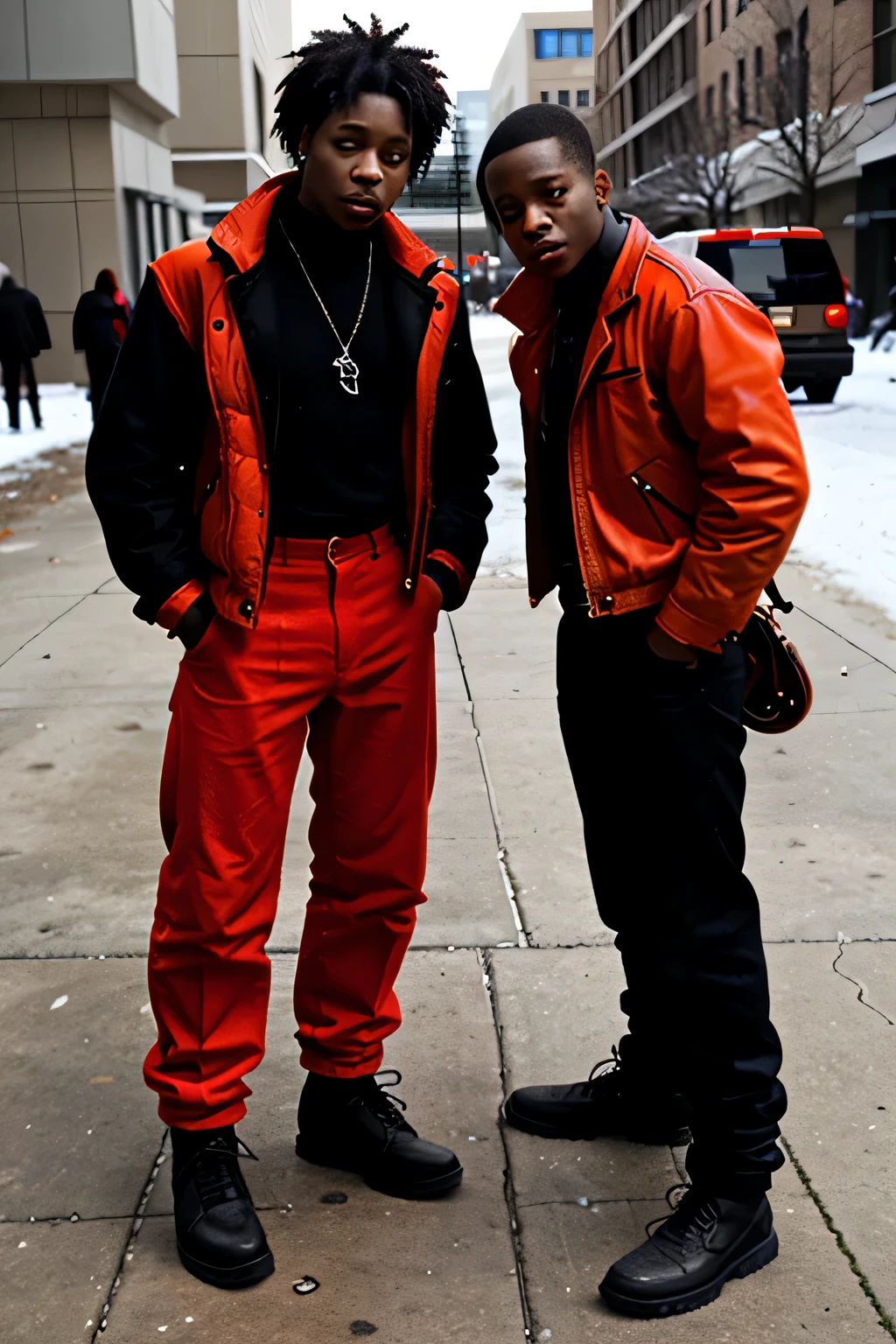 ((melhor qualidade)), ((obra de arte)), (detalhado), realistic anime animation (dois homens) (dois personagens masculinos gemeos) (the characters are wearing orange pants, camiseta branca com mangas longas e nas costas da camisa com um desenho (circulo laranja avermelhado escrito 999 em preto simples e com as bordas do circulo em preto) e com uma bota preta) and making a hunter symbol with his hand, moaning animation, Two men standing next to each other on a sidewalk, livros da playboy, xxxtentacion, livros da playboy, livros da playboy portrait, Lil Uzi bateu, Sem estilo Tyler Mitchell, trippie vermelho, 2 rappers no palco do show, childhood friend vibes, taken at the beginning of 2020, homens com rostos bonitos e da mesma altura e roupas, identical clones loose clothes that hide the body with beautiful eyes and making symbols with their hands LONG WHITE T-SHIRT COVERING THE BELLY AND ORANGE TROUSERS WITH BLACK BOOTS TWO MALE CHARACTERS HUNTERS
