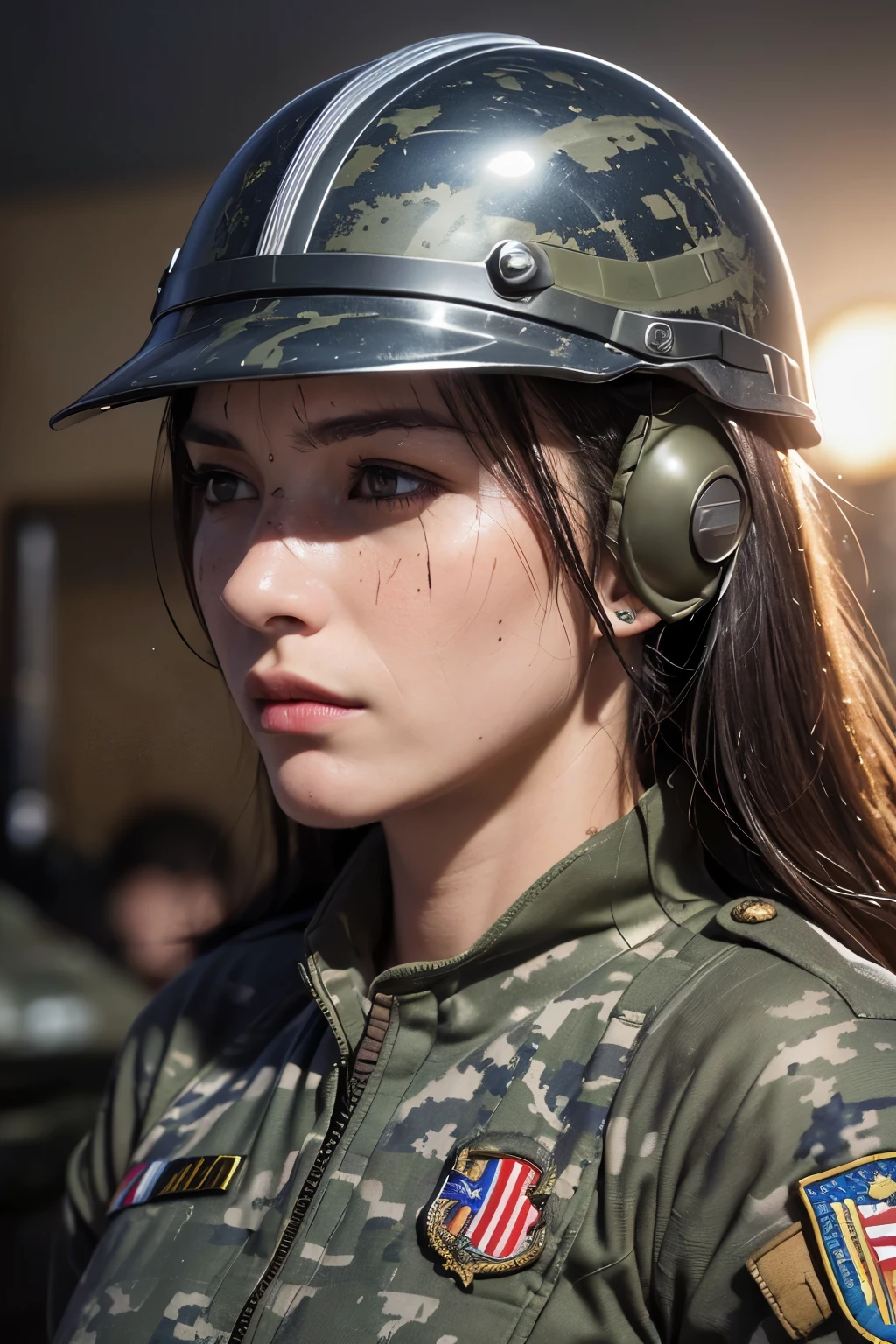 (Realistic, Photorealistic: 1.3), 1 Lady Soldier, Military Uniform, Serious Expression, Battle-Ready Posture, (Detailed Background: 1.2), (Helmet on head: 1.2), (Guns and weapons: 1.3), (Boots and combat boots: 1.2), (Camouflage pattern: 1.2), (Sweat and dirt: 1.3), (Strong jawline and defined facial features: 1.4), (Scar or badge of honor: 1.3), (Realistic skin textures: 1.3), (Patriotic emblem: