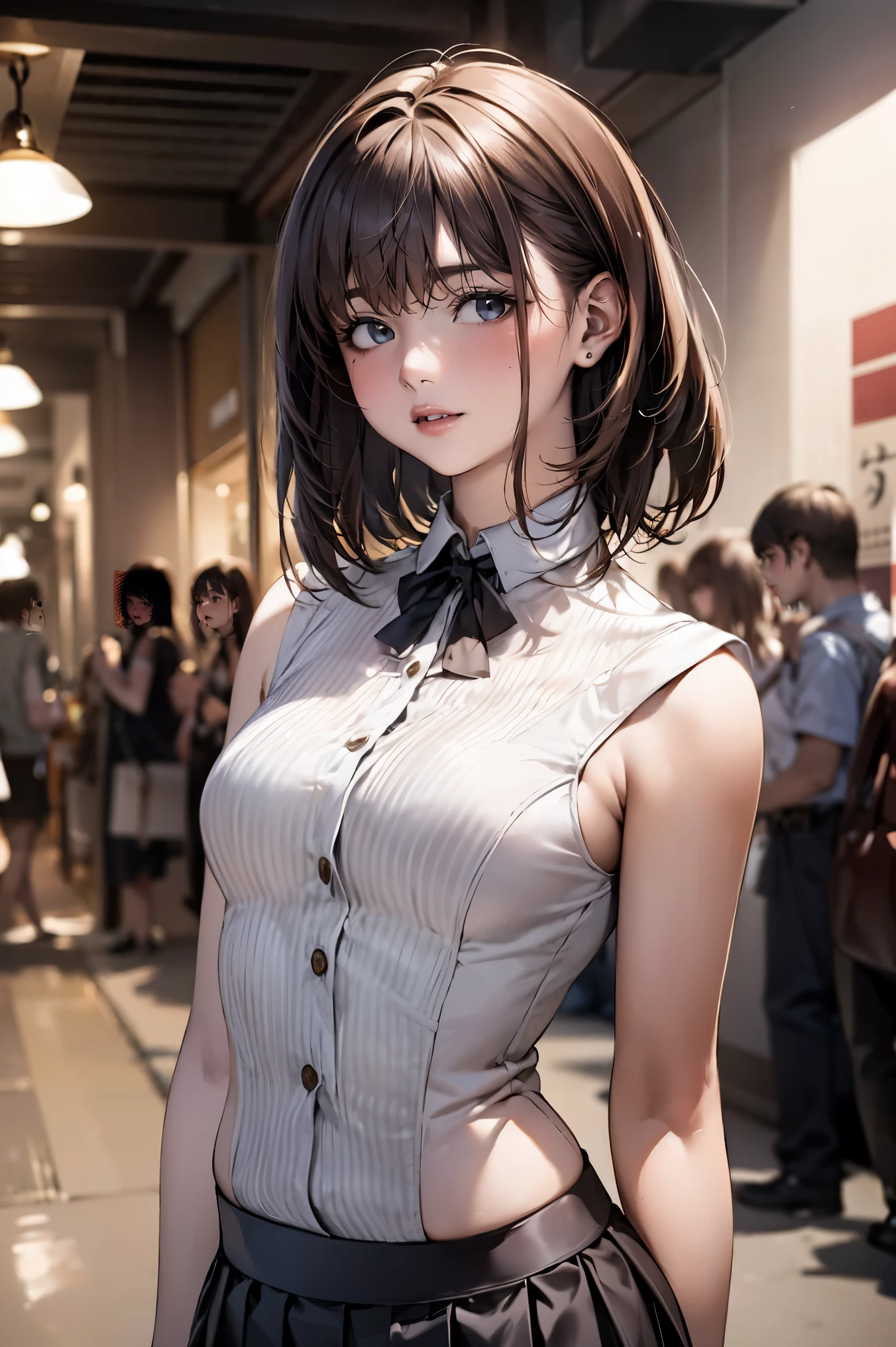 (1woman,solo),On a date、cowboy shot,Adult beauties,20-year-old、Japanese,perfect face, beautiful and symmetrical face:1.4、beautiful face:1.2、beautiful eyes:1.2、dark brown hair,short cut hair,brown eyes,shy look、view audience,a smile、(smaller head:1.4、ideal ratio body proportions:1.5)、skinny,slender body,(medium breasts:1.3),Black sleeveless shirt、collared shirt、Mini skirt in light gray color、pleated skirt、bustling street、Tokyo