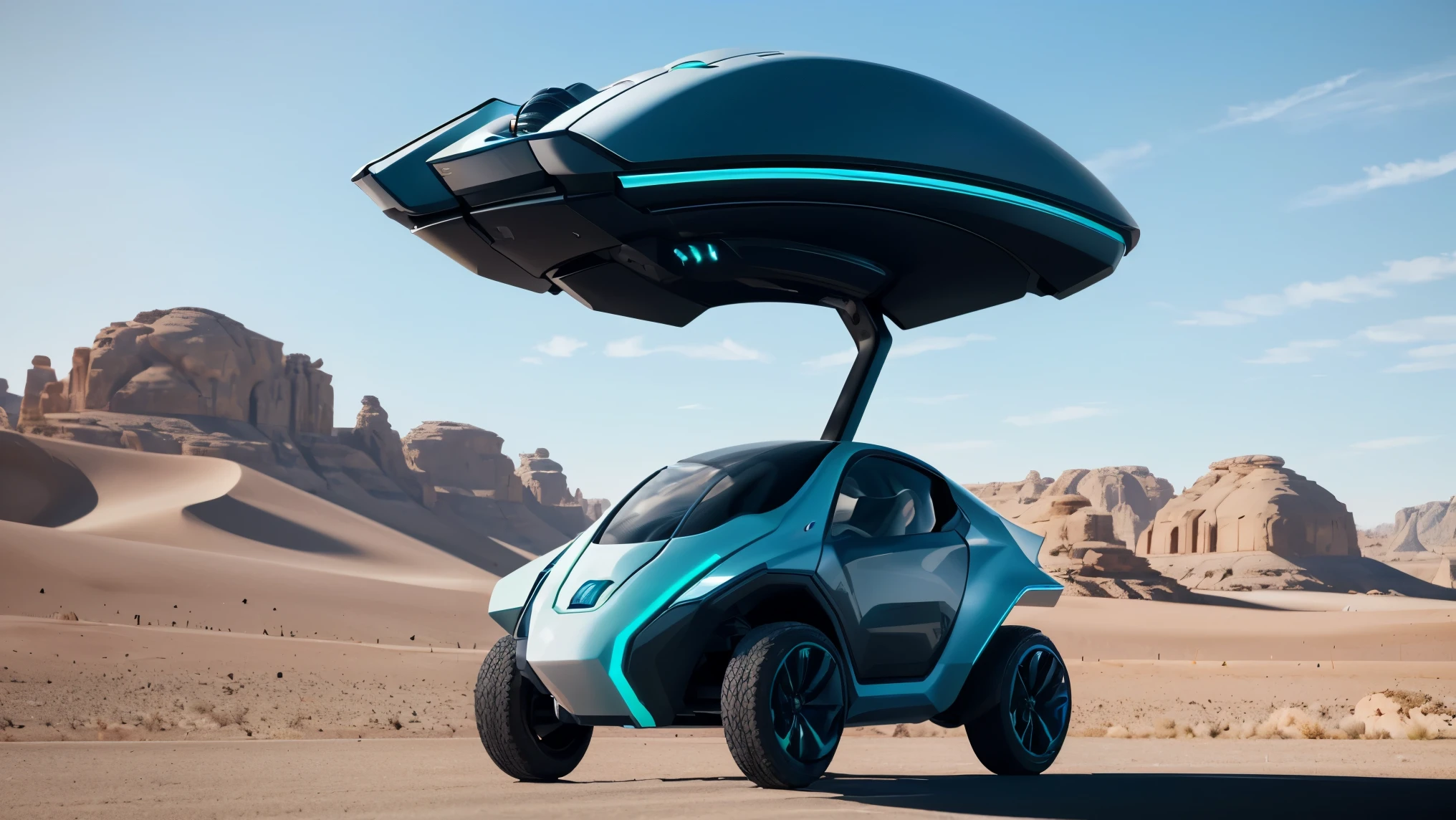 A futuristic, sleek cart (((no wheels))), (((((computer mouse shape)))) meticulously designed with clean lines and glossy surfaces, The vehicle is flying 1 metre above the ground of Nevada desert. The wide-angle lens captures the entire scene, accentuating the modern aesthetic of this innovative transportation concept against the familiar backdrop of a popular desert. cinematic, epic realism,8K, highly detailed