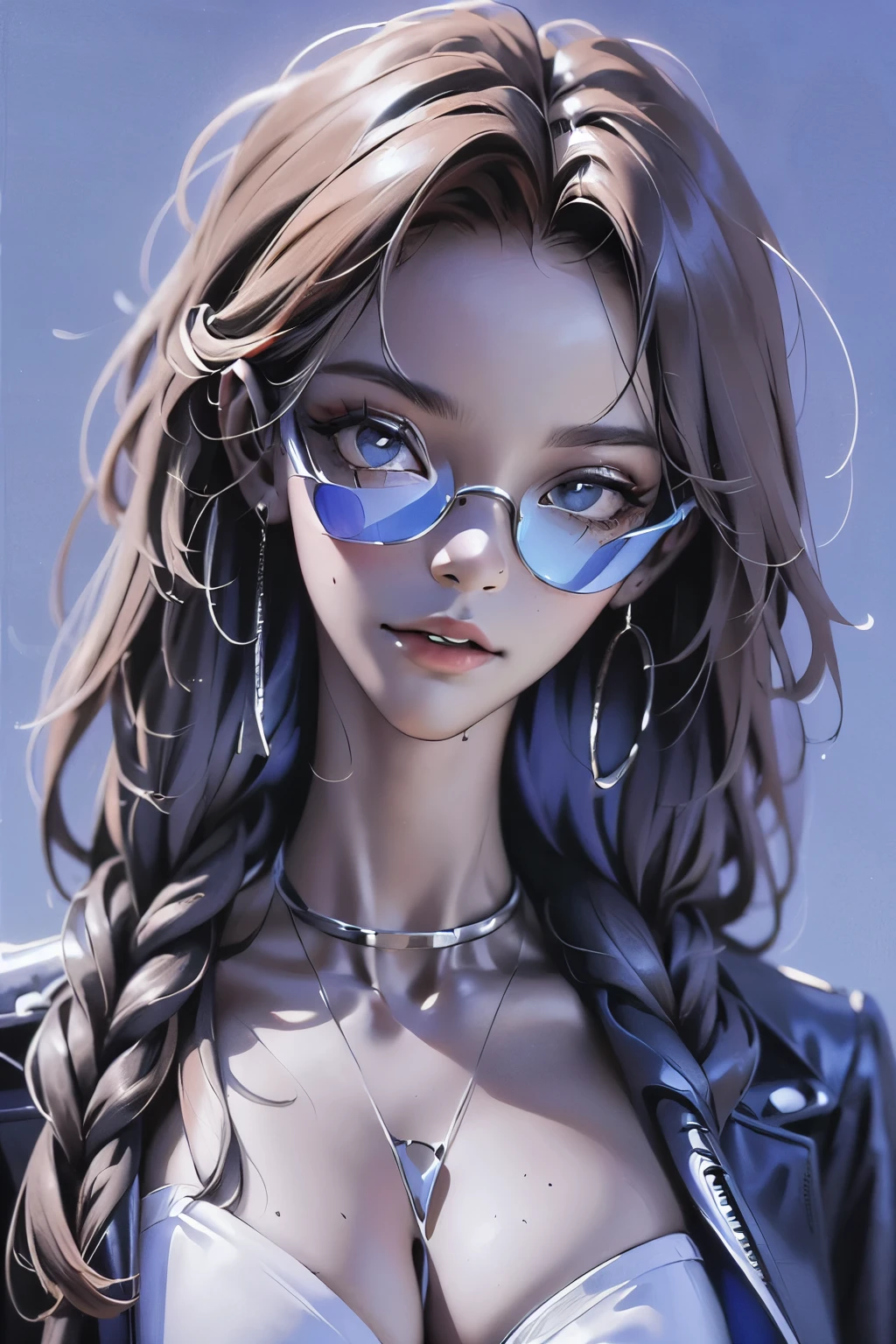 Masterpiece. High-quality, technological, art. A modern dark-skinned girl, with neatly styled Afro braids on her head, looks into the future. in front of the eyes are virtual reality glasses, a virtual reality device. Light blue background, a high-tech product, the aluminum body of the glasses is framed by massive, black glossy glass, a wide strap - the mount conveniently goes around the oval of the head (white plastic case, the charger wire falls along the neckline. Digital technologies, virtual reality, network services. She is a beautiful girl with virtual reality glasses on her face. Very beautiful - well-groomed girl, with clear skin, regular features, beautiful lips, and a slight smile on her face. Beautiful figure, modern clothes, cool modern couture dress. Presentation background, neutral gray-blue, in virtual space. Highest quality, 16 K. FUL HD, cinematic rendering. Create a piece of art that captures the unique beauty of Baby Michela, Famous Digital Influencer. Focus on her unique facial expression as she looks directly into the camera, taking care to convey the intensity of her piercing blue eyes. Accurately represent her signature style with Spanish style hair styled in two carefully crafted chignons. Add details that reflect her charming and avant-garde personality, We took care to convey the aura of modernity and originality that defines Lil Miquela in the digital world, Some freckles and nevi, and short hair wrapped