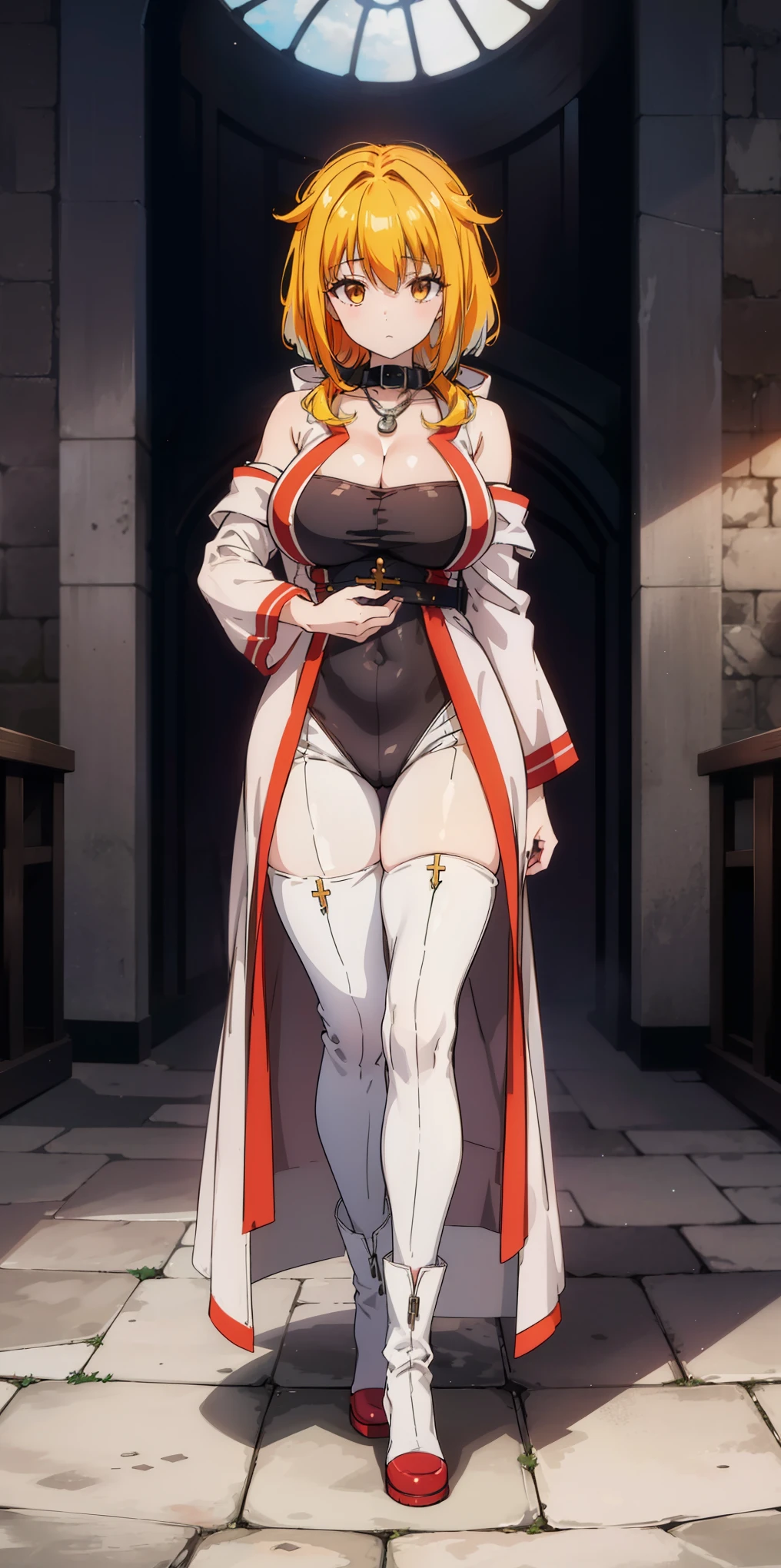 (Masterpiece, best quality), (highres, ultra-detailed), ( perfect anatomy), outdoors, 1girl, solo, dress, sela, large breasts, tan, necklace, white sleeves, thighhighs, muscular, thighs, full body, priestess, church, religous, pants, coat, pullover, boots, body suit, bigdress, big robe,black body suit
