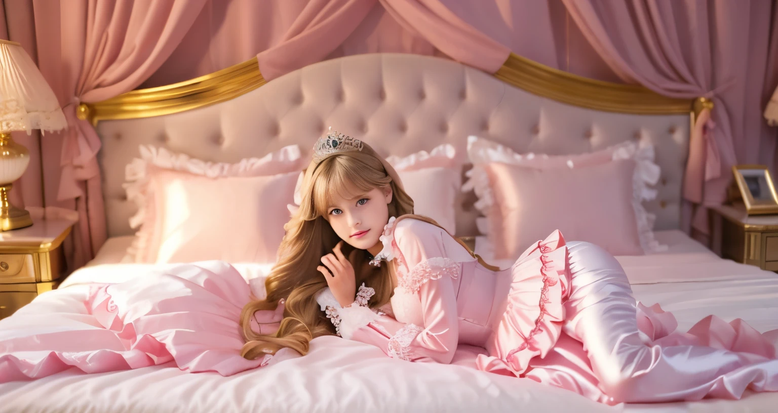 ,highest quality, masterpiece, highest resolution, artwork, super それにget used to it, many get used to it, get used to it, それにget used to it, 3K realistic photos,,(( When I was 10 years old)),Super detailed baby face,She is a princess,Full length ball gown dress with hoop skirt,ruffled yoke collar,puff sleeves,long sleeve,((Lolita style hot pink detailed princess satin dress、Comes with lots of frills and ribbons。)),colorful rococo fashion,shiny satin dress,Soft and smooth fabric,luxury,long blonde hair,blue eyes,white skin european,pajamas,((inside the palace)),,,(( When I was 10 years old)),Super detailed baby face,Full length ball gown dress with hoop skirt,long skirt,ruffled yoke collar,puff sleeves,腰まで伸びるlong blonde hair,blue eyes,white skin european,pajamas,((inside the palace bedroom)),ピンクのシルクサテンのluxuryなcanopy bedの上,canopy bed,Luxurious curtains on both sides of the bed,many frilly pillows on the bed,super detailed background,Detailed bed,romantic atmosphere,little princess is lying on the bed,hug a pink pillow,((((Both legs are hidden in the dress)))),the dress is spread out on the bed,soft pink silk satin comforter,soft silk satin ruffled pillow,Beautiful girl illustration,detailed beautiful face detailed hair,detailed human eye ,detailed mouth, arm details,detailed hands,Detailed pillow,