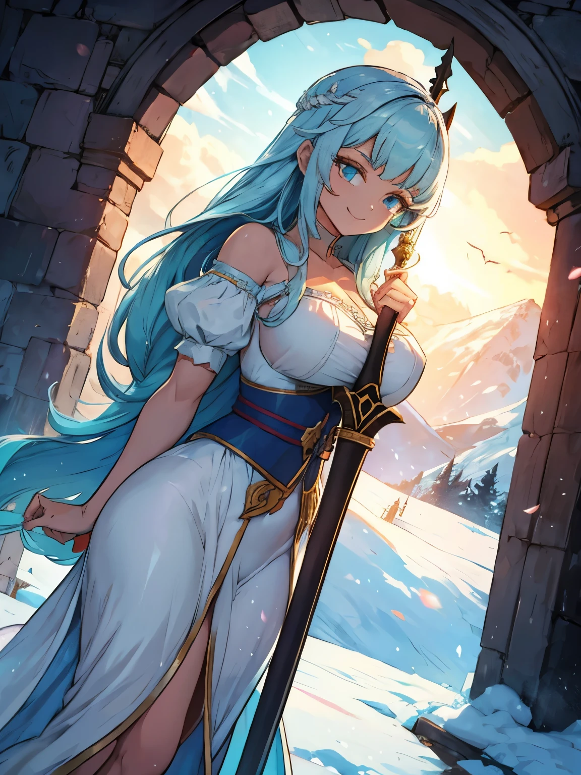 Desenhando a espada da montanha de neve, A Espada com a Chama de Gelo Frio da Mulher de Estilo Antigo, segurando a espada ardente da chama azul, white clothes dancing sword in the snow long flowing hair, segurando uma espada longa de prata mulher bonita, usando joias de jade, His face is full of confident smiles, She is suspended in the clouds like a fairy, behind it is a layer of mountains  