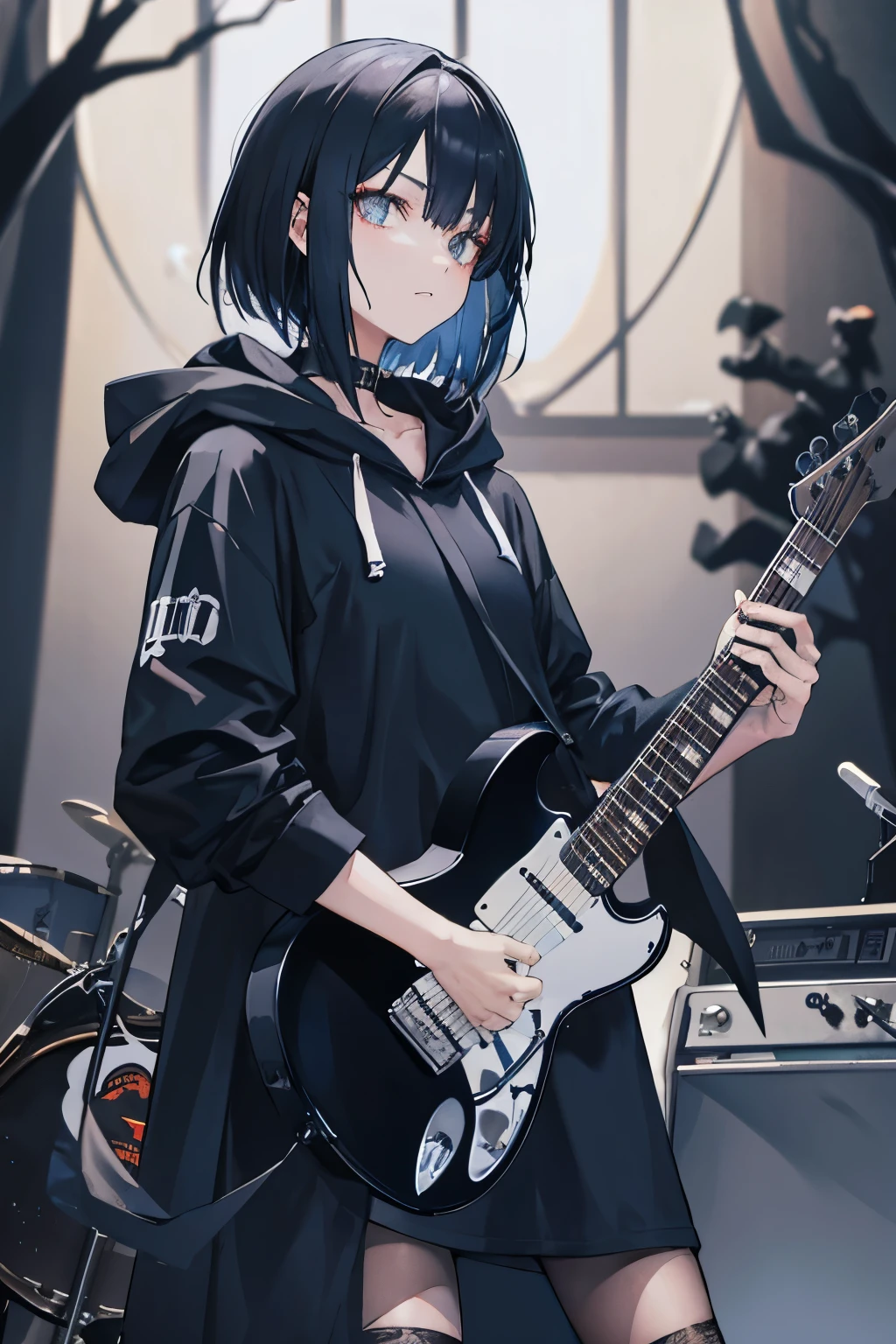 Wolfcut-haired man in rock n roll outfit and hooded woman in black outfit holding a navy blue stratocaster guitar.