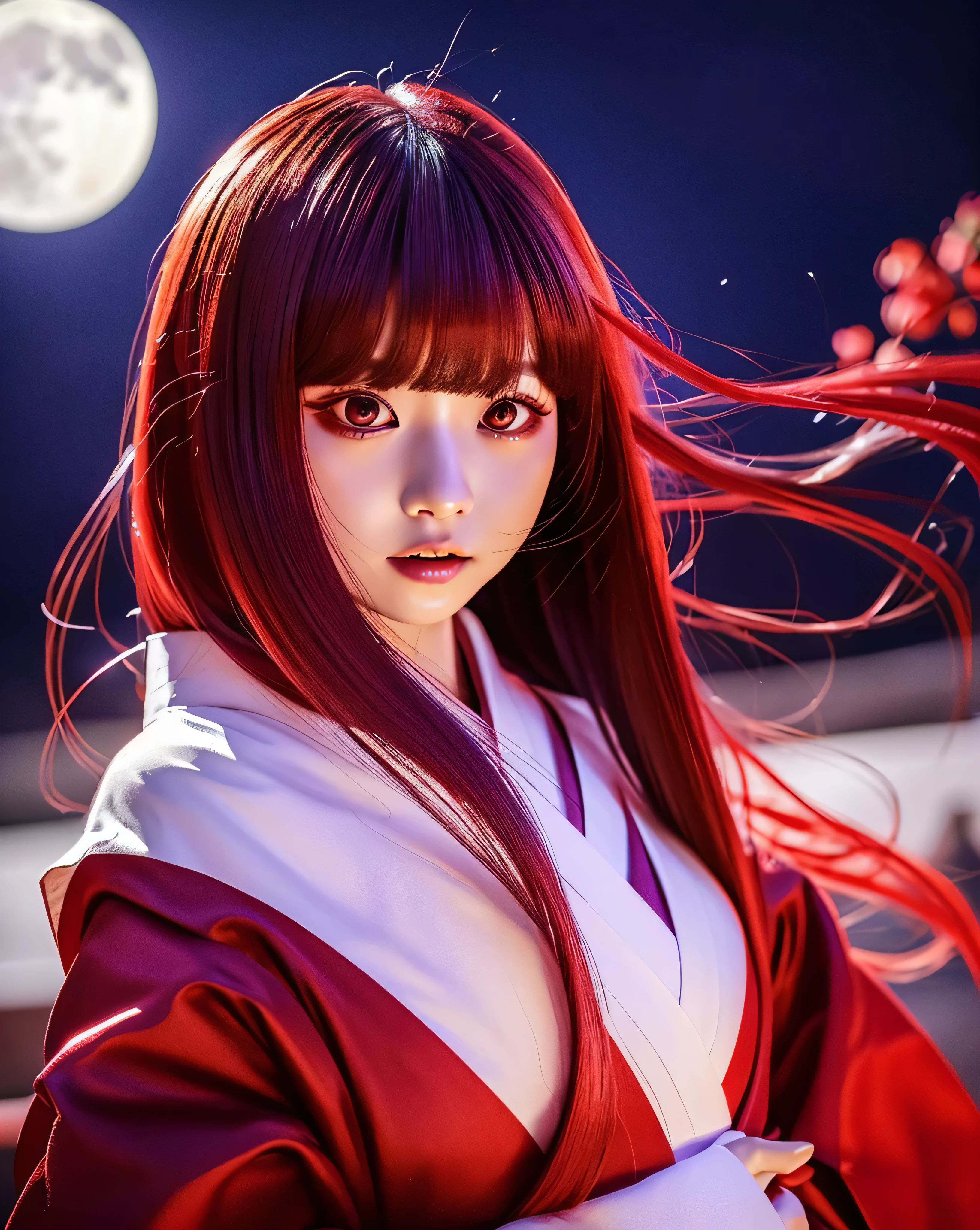 beautiful japanese woman (devil girl:1.5) (whole body:1.2) complex colored red hair platinum red thin hair small devil horns on forehead Detailed complex hair natural makeup Super Long Straight Silk Hair asymmetrical bangs big magic eyes moist red eyes mysterious look simple red kimono full moon night Purple Night Sky pointed double teeth smooth white skin professional lighting