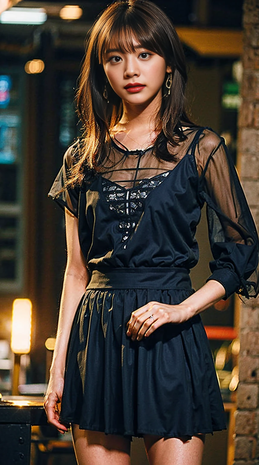 masterpiece, great work, whole body, 1 girl,  mini skirt, blush, bracelet, beautiful breasts, , gradient hair, long hair, looking at the audience, loose earrings, checked skirt, red eyes, ring, smile, alone,  fashion, woman, vitality,  take a pose, front, colorful,concentrated、whole body画像(1:5）、thin legs、Are standing、put your hands on your hips、idol costume、boots、whole body画像、Chest emphasis、pink costume、stand with legs apart