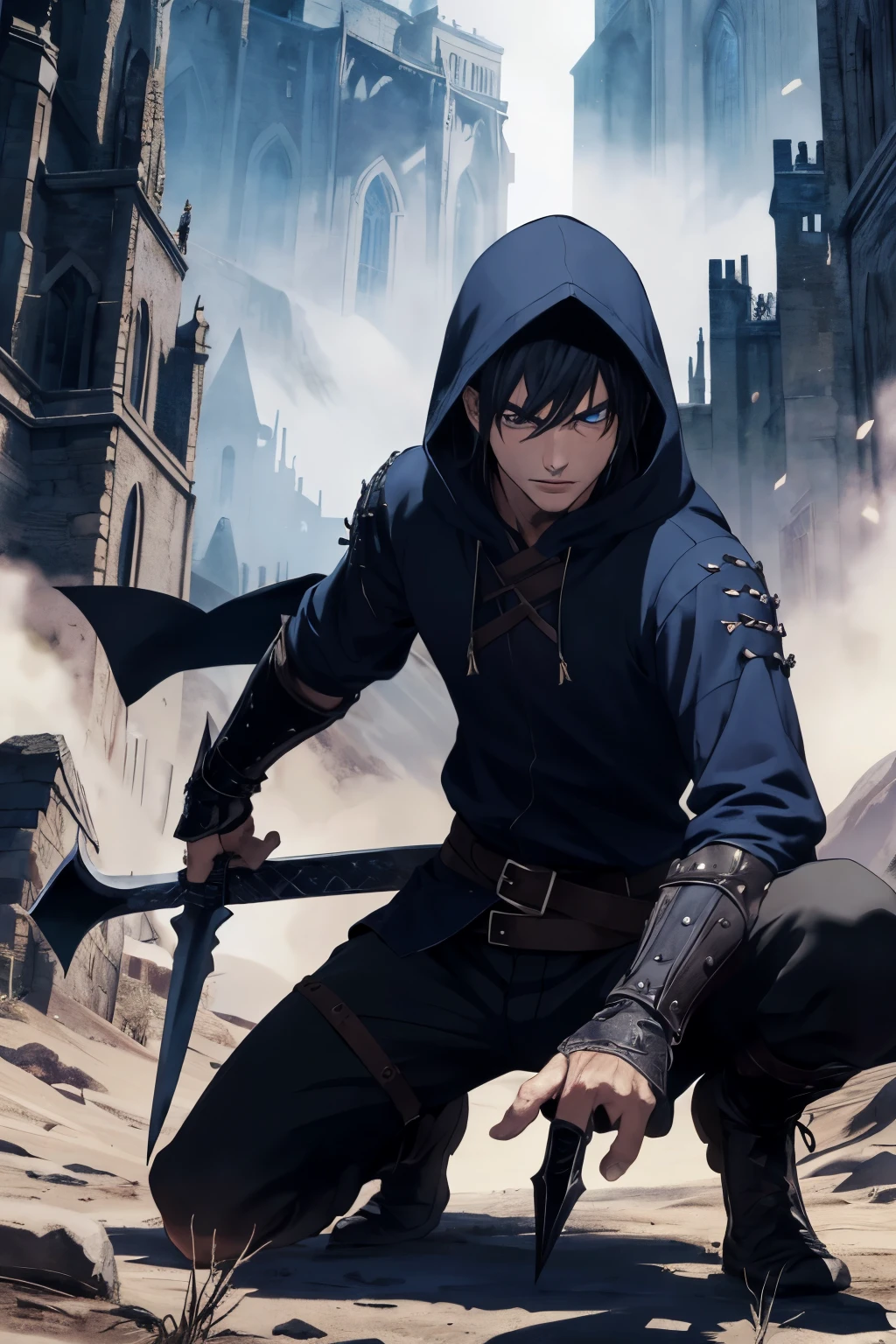 (extremely detailed 8k wallpaper), a medium shot of a fearful young rogue, male, male focus, black hair, blue eyes, black clothing, hooded, medieval, intricate, high detail, with a shadow blade in his hand with purple fire, crouching on a dirt mountain