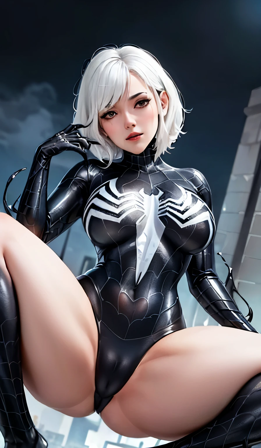 4K，realistically，charming，very detailed，There is a girl in Dingcheng，white hair，Wearing black Spider-Man costume，（black and white：1.4） night,symbiont，poison，lots of mucus,She is a hero，Black superhero theme，in front of the sky，complexion，( spread legs， camel toe，， vulva shape：1.3）,(GGcamel toe:1.3)，25 years old，Full body female love