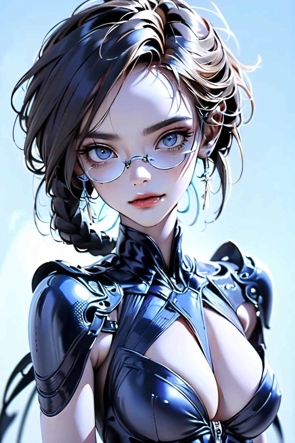 Masterpiece. High-quality, technological, art. A modern dark-skinned girl, with neatly styled Afro braids on her head, looks into the future. in front of the eyes are virtual reality glasses, a virtual reality device. Light blue background, a high-tech product, the aluminum body of the glasses is framed by massive, black glossy glass, a wide strap - the mount conveniently goes around the oval of the head (white plastic case, the charger wire falls along the neckline. Digital technologies, virtual reality, network services. She is a beautiful girl with virtual reality glasses on her face. Very beautiful - well-groomed girl, with clear skin, regular features, beautiful lips, and a slight smile on her face. Beautiful figure, modern clothes, cool modern couture dress. Presentation background, neutral gray-blue, in virtual space. Highest quality, 16 K. FUL HD, cinematic rendering. Create a piece of art that captures the unique beauty of Baby Michela, Famous Digital Influencer. Focus on her unique facial expression as she looks directly into the camera, taking care to convey the intensity of her piercing blue eyes. Accurately represent her signature style with Spanish style hair styled in two carefully crafted chignons. Add details that reflect her charming and avant-garde personality, We took care to convey the aura of modernity and originality that defines Lil Miquela in the digital world, Some freckles and nevi, and short hair wrapped