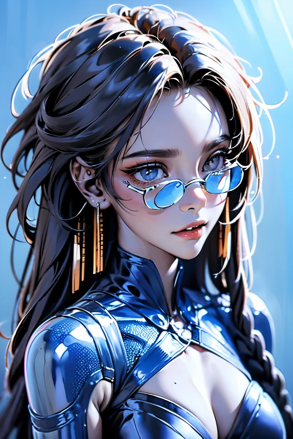Masterpiece. High-quality, technological, art. A modern dark-skinned girl, with neatly styled Afro braids on her head, looks into the future. in front of the eyes are virtual reality glasses, a virtual reality device. Light blue background, a high-tech product, the aluminum body of the glasses is framed by massive, black glossy glass, a wide strap - the mount conveniently goes around the oval of the head (white plastic case, the charger wire falls along the neckline. Digital technologies, virtual reality, network services. She is a beautiful girl with virtual reality glasses on her face. Very beautiful - well-groomed girl, with clear skin, regular features, beautiful lips, and a slight smile on her face. Beautiful figure, modern clothes, cool modern couture dress. Presentation background, neutral gray-blue, in virtual space. Highest quality, 16 K. FUL HD, cinematic rendering. Create a piece of art that captures the unique beauty of Baby Michela, Famous Digital Influencer. Focus on her unique facial expression as she looks directly into the camera, taking care to convey the intensity of her piercing blue eyes. Accurately represent her signature style with Spanish style hair styled in two carefully crafted chignons. Add details that reflect her charming and avant-garde personality, We took care to convey the aura of modernity and originality that defines Lil Miquela in the digital world, Some freckles and nevi, and short hair wrapped