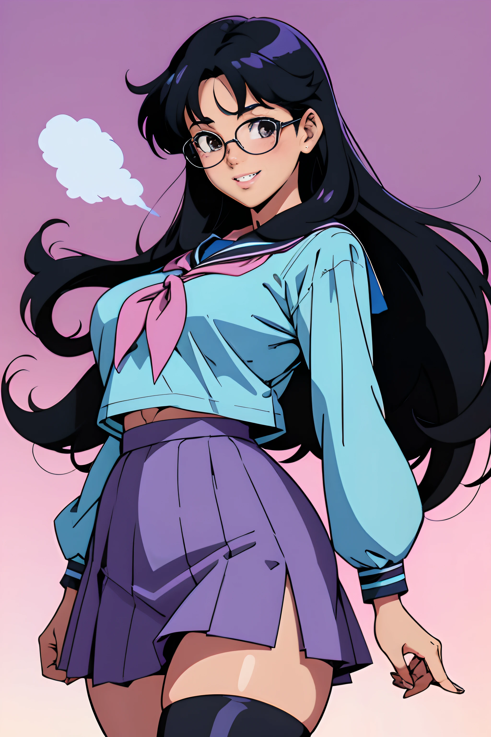 pretty girl from an 80s anime, 80s anime fog, static like from an 80s anime, 1980s \(style\), smiling, long hair, action anime, thick thighs, intricate layers, 80s OVA, thick lips, skirt, outfit, school girl sailor outfit, young girl, black hair, glasses, nerdy woman
