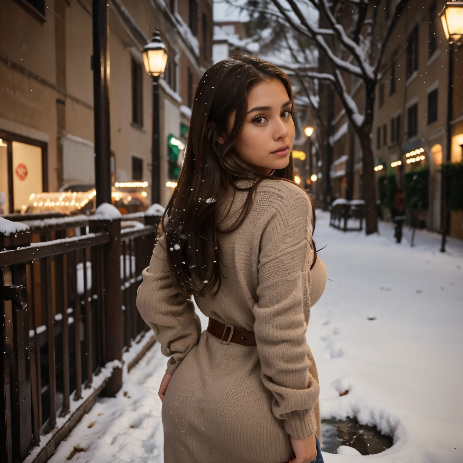 hyperrealism photography, 30 years old, brown hair , dark long brown hair , big brown eyes , cute girl, tits crack shown, sexy, beautiful girl, model looking ,latina, italian themed, snowy weather, make her attractive 