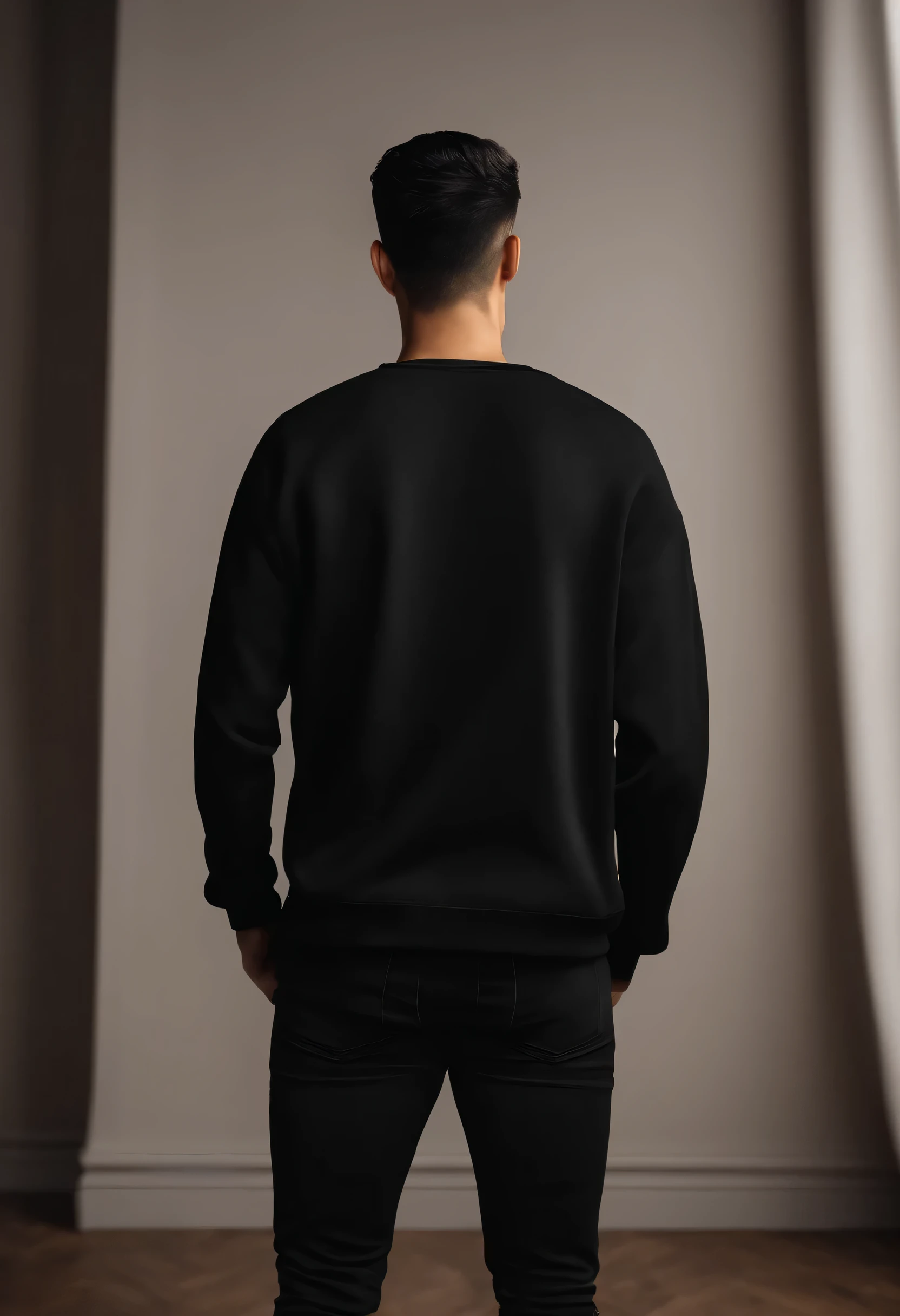 8k, hq, real, hyper realistic, realism , man, male, black hair, back view, crew neck black sweatshirt, fabric, villa interior plain background white, full body, real skin tone, real clothes