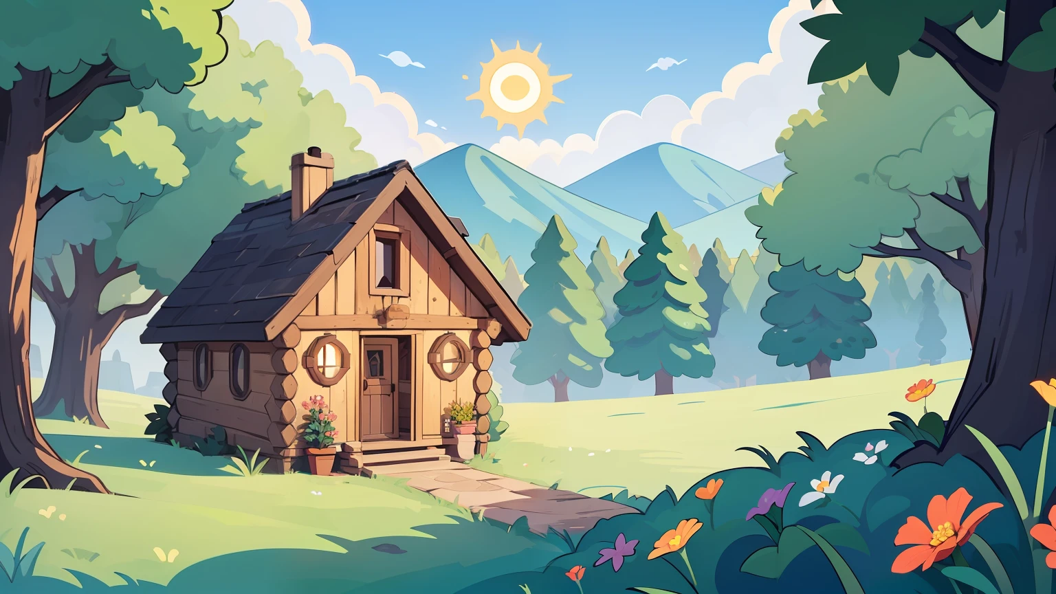 high on a hill, with the sun appearing, a magical and beautiful setting, Disney cartoon style, trees and flowers, in the distance a cabin can be seen