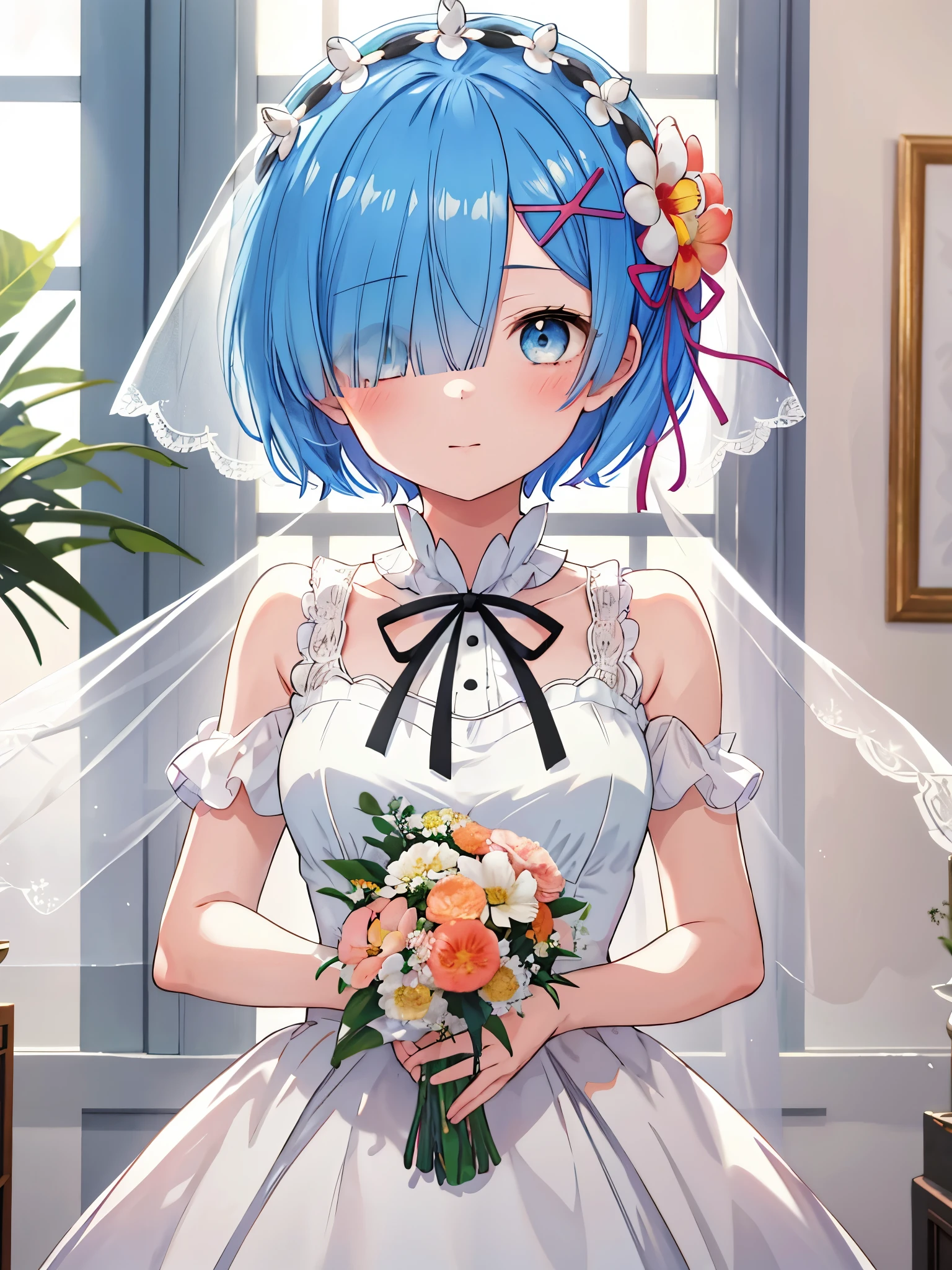 masterpiece, highest quality, highAgains, , 1 girl, alone, Rem \(Again:zero\), blue hair, short hair, Againd eyes, hair above one eye, hair ribbon, ×hair ornament, small bAgainasts, Peach-colored ribbon, hair flower, wedding dAgainss, bridal veil, bouquet, Chacha, big round breasts