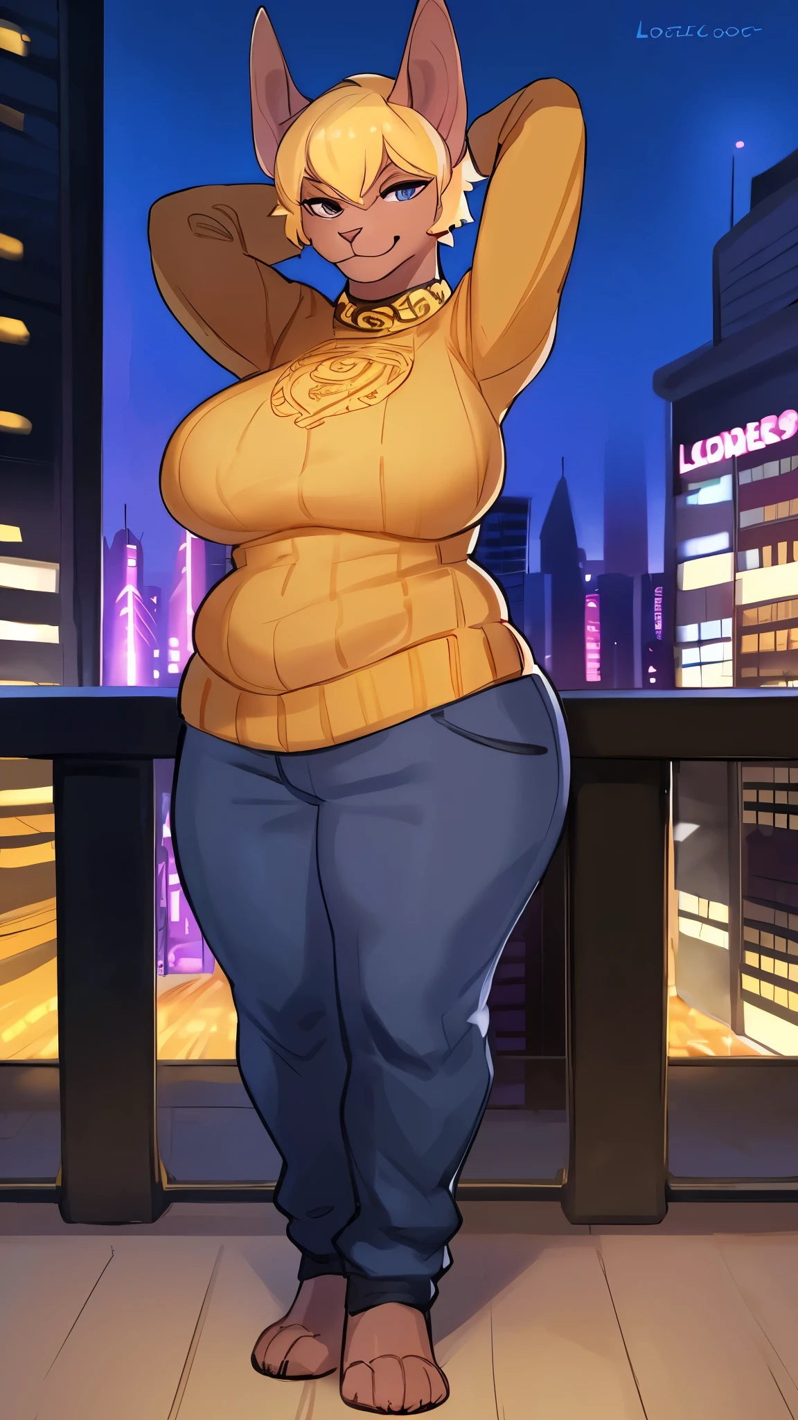 By bebebebebe, by lostgoose, by goonie-san, solo, muscular, feline, ((hairless cat, brown skin, sphynx cat)), smirking, hands behind head, ((blonde hair)), (snout), big breasts, curvy, thicc, overweight, milf, chubby, standing, wrinkly, city, ((she is a 20 foot tall woman)), detailed eyes, (versace sweater), cleavage, prada pants