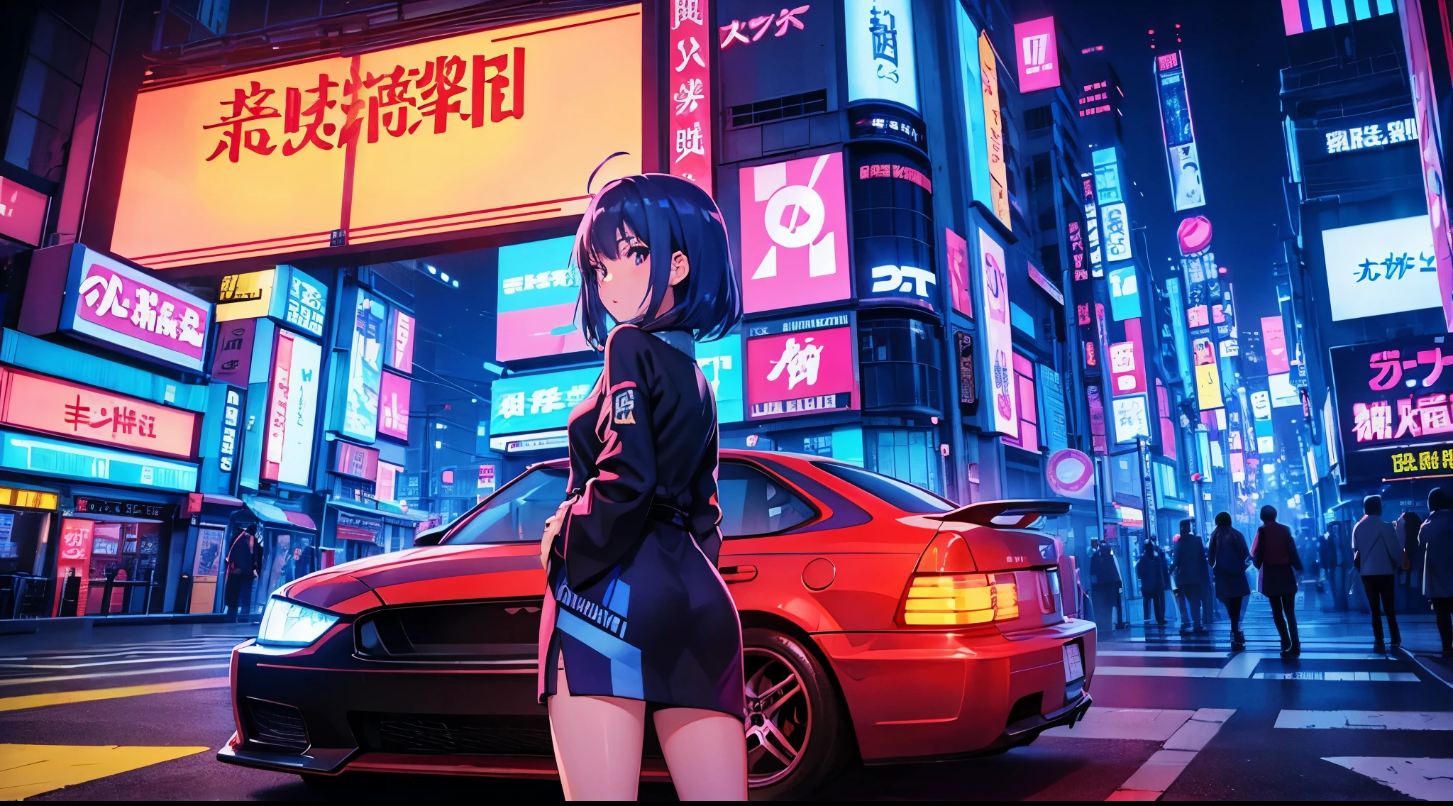 Tokyo night drive with my wife, chillhop synthwave cyberpunk、The signboard is in Japanese、There&#39;s a blue-haired girl on the left, looking back.