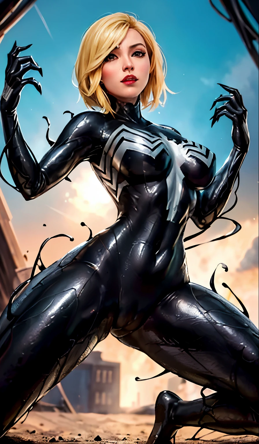 4K，realisticlying，Glamorous，The  very detailed，There  a girl in Dingcheng，Blonde hair，Wearing a black Spider-Man costume，（Black and white：1.4） the night,symbiote，venomize，a large amount of mucus,she  a spiderman，Black superhero theme，In front of the sky，Flushed complexion，( Open legs， camel-toe，， Vulvar shape：1.3）,(GGCameltoe:1.3)Legs apart，25 age old，full bodyesbian