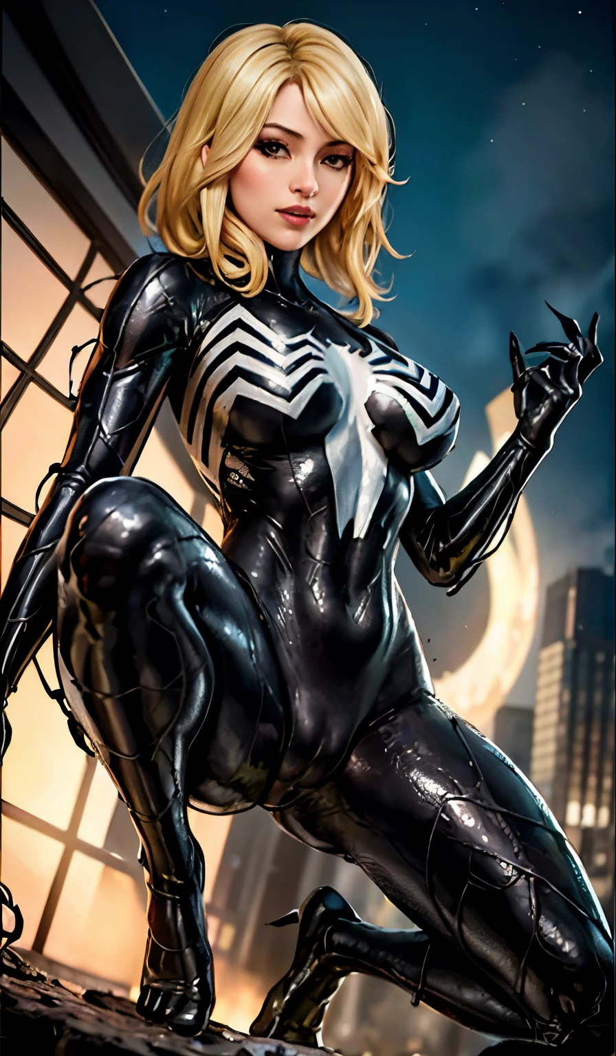 4K，realisticlying，Glamorous，The  very detailed，There  a girl in Dingcheng，Blonde hair，Wearing a black Spider-Man costume，（Black and white：1.4） the night,symbiote，venomize，a large amount of mucus,she  a spiderman，Black superhero theme，In front of the sky，Flushed complexion，( Open legs， camel-toe，， Vulvar shape：1.3）,(GGCameltoe:1.3)Legs apart，25 age old，full bodyesbian