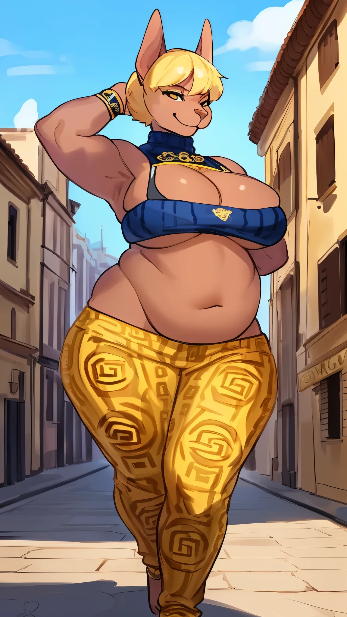By bebebebebe, by lostgoose, by goonie-san, solo, muscular, feline, ((hairless cat, brown skin, sphynx cat)), smirking, hands behind head, ((blonde hair)), (snout), big breasts, curvy, thicc, overweight, milf, chubby, standing, wrinkly, italian city, massive, size of a building, ((she is a 20 foot tall woman)), detailed eyes, (((versace))), cleavage, sweater, pants